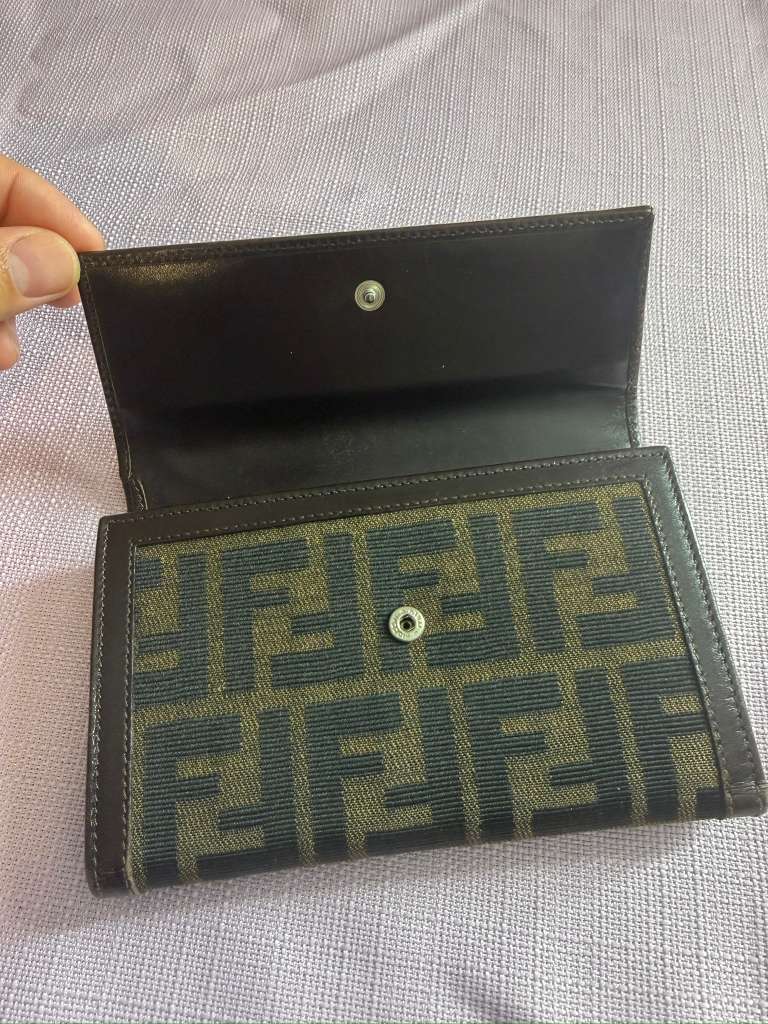 Fendi Zucca Canvas Long Wallet Brown FF Logo Leather Trim