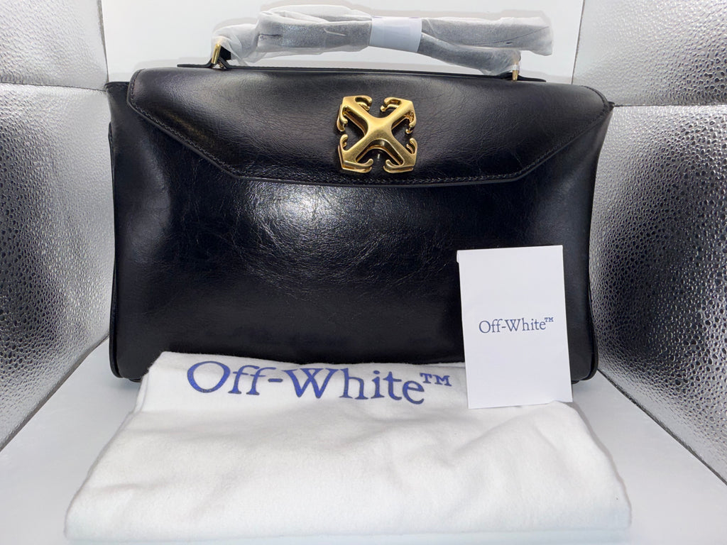 Off-White Jitney Black Leather Shoulder Bag with Gold Arrow Logo