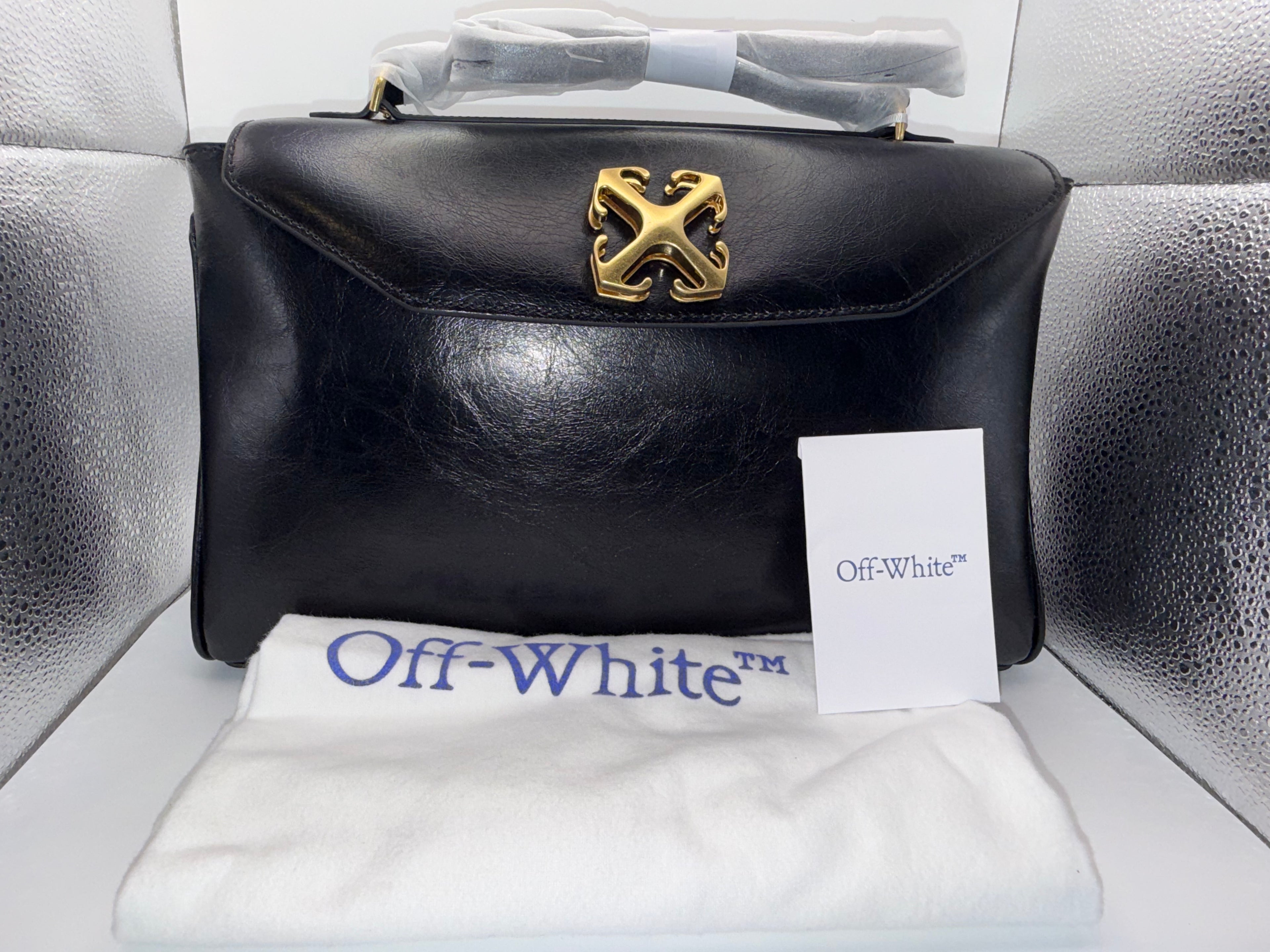 Off-White Jitney Black Leather Shoulder Bag with Gold Arrow Logo