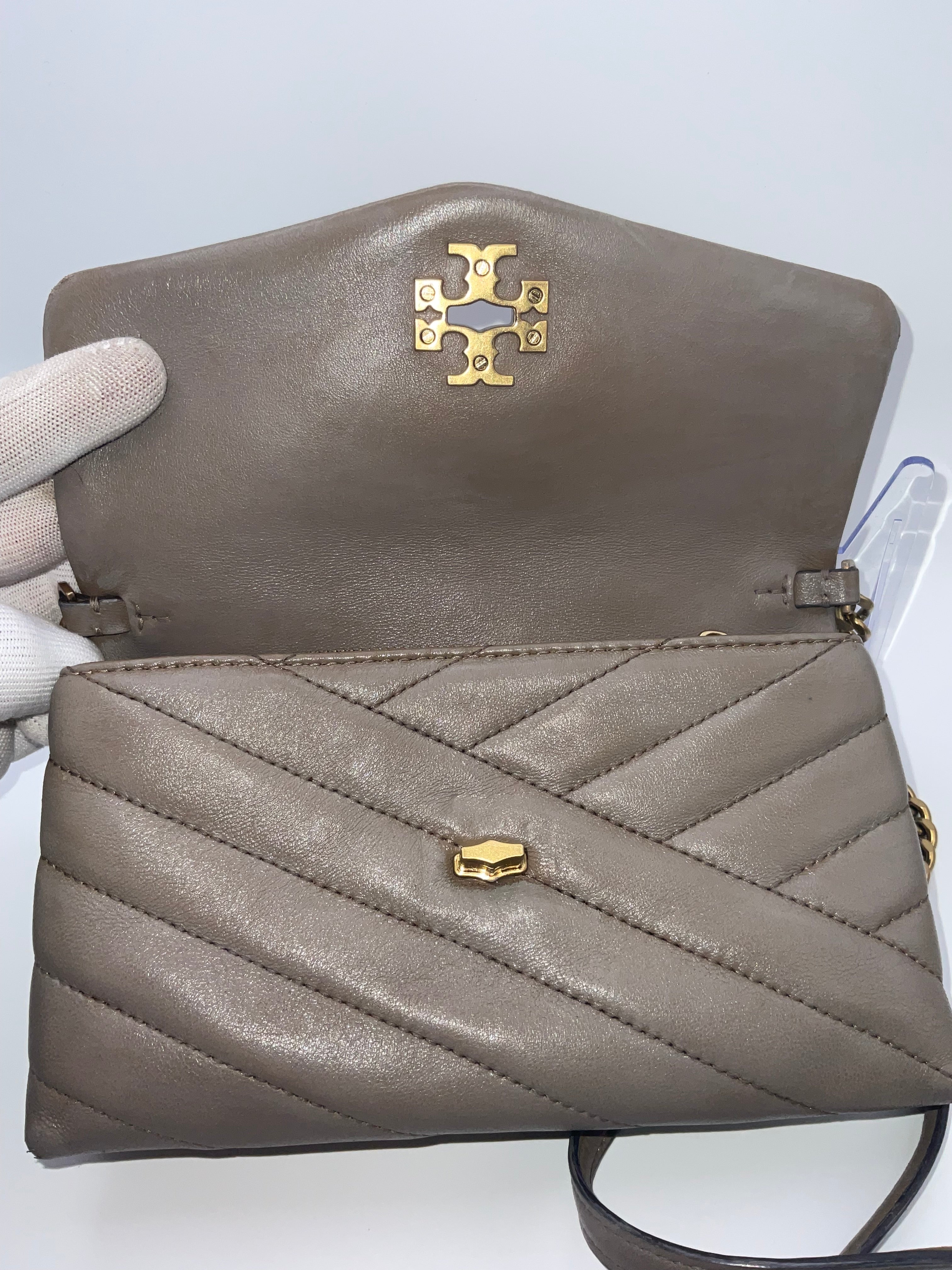 Tory Burch Kira Chevron Leather Wallet On Chain Crossbody Taupe Antique Brass