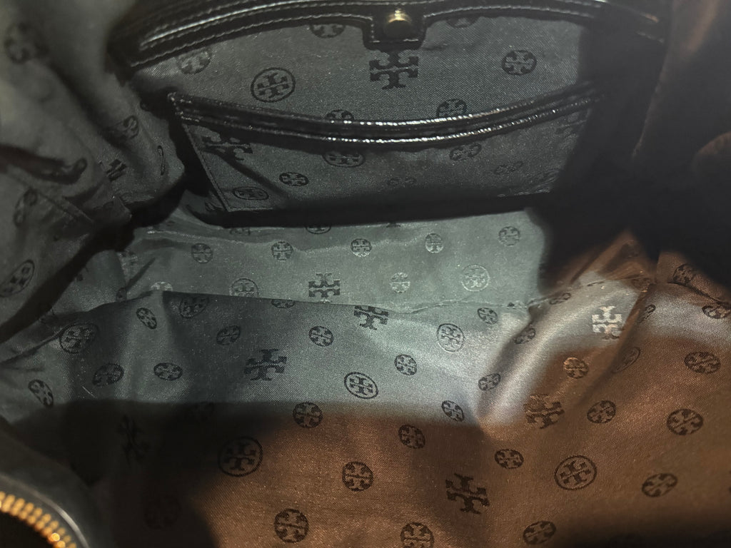 Tory Burch Black Pebbled Leather Large Tote Bag with Gold Hardware