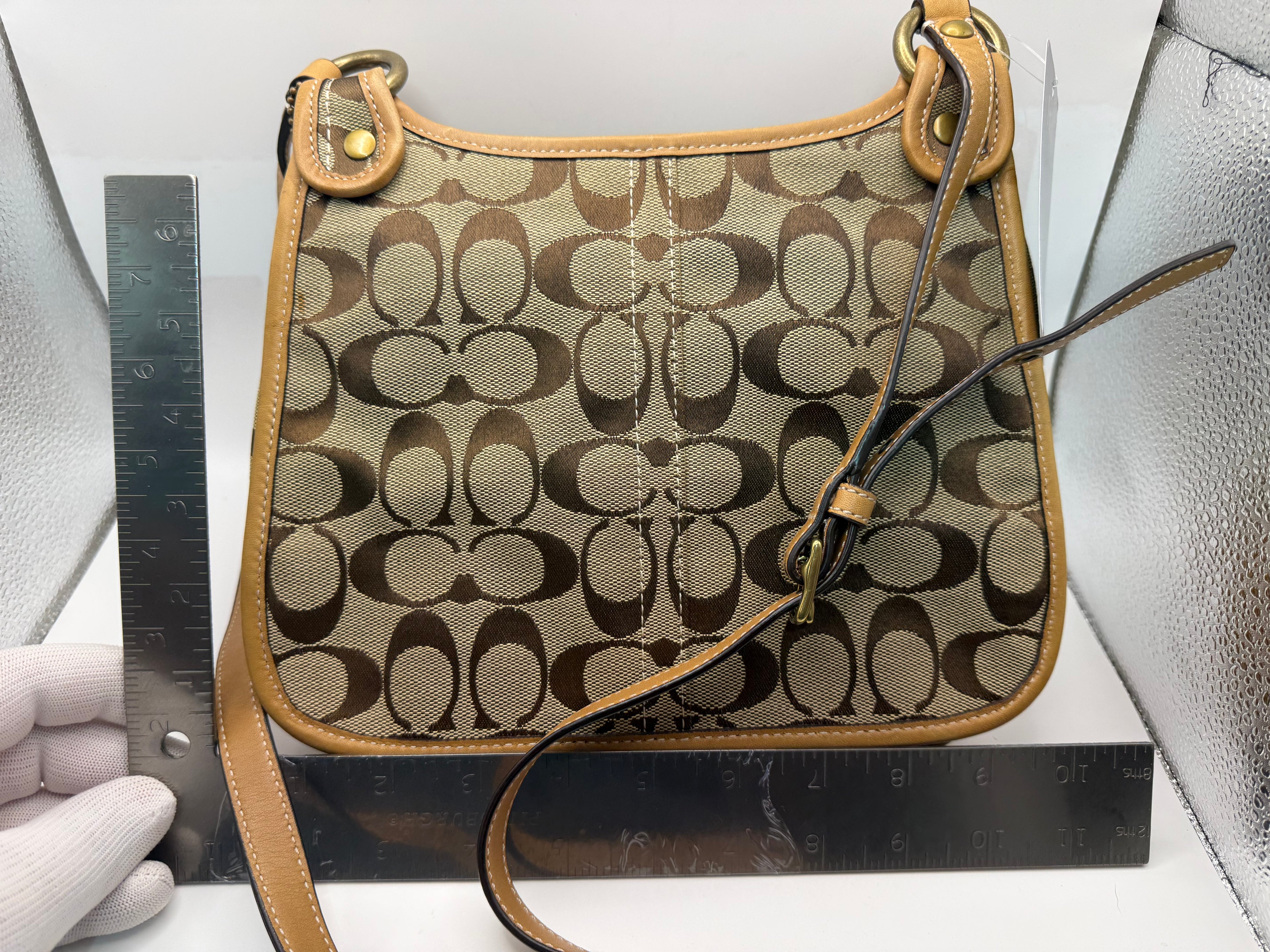 Coach Signature Canvas Shoulder Bag – Khaki/Tan | Turn-Lock Flap
