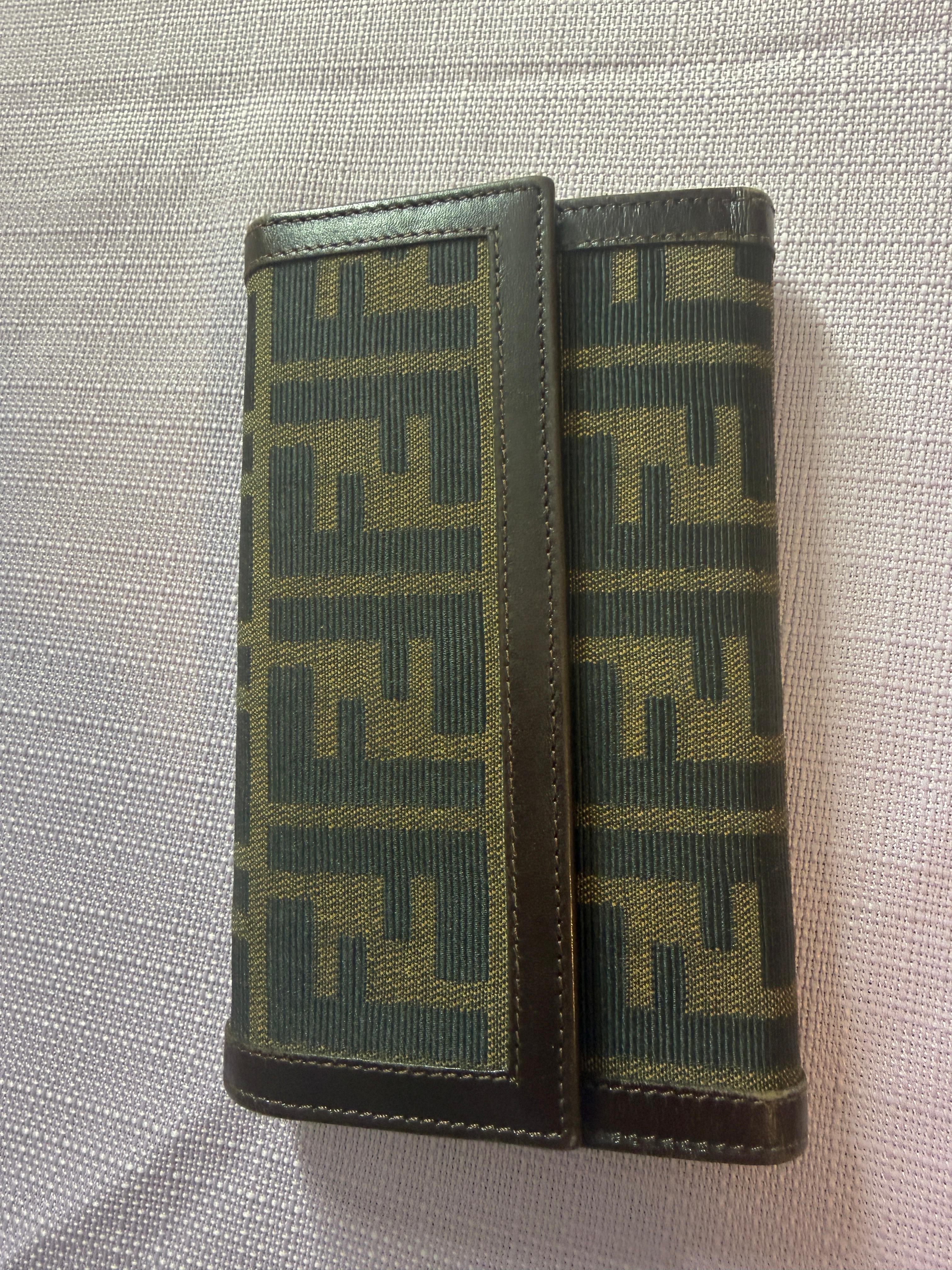 Fendi Zucca Canvas Long Wallet Brown FF Logo Leather Trim