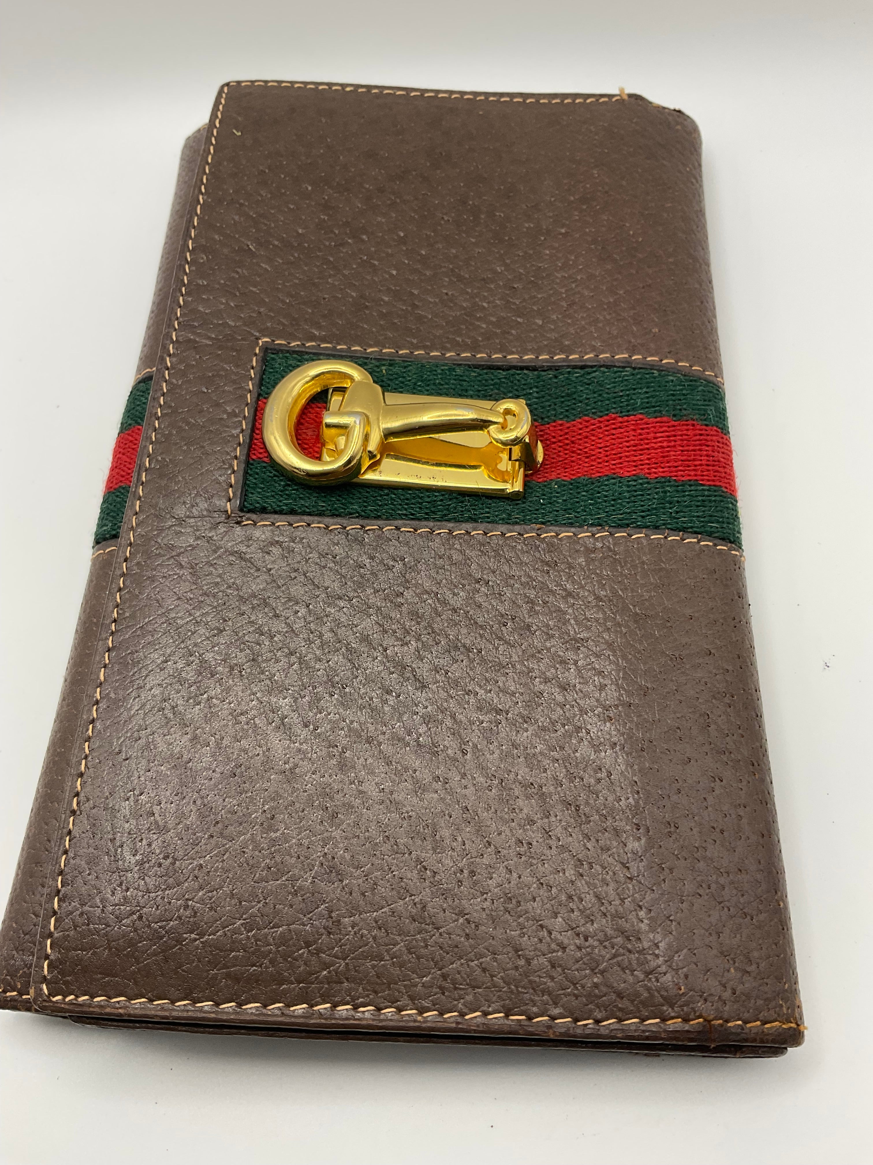 Gucci Vintage Brown Leather Horsebit Continental Wallet with Web Stripe