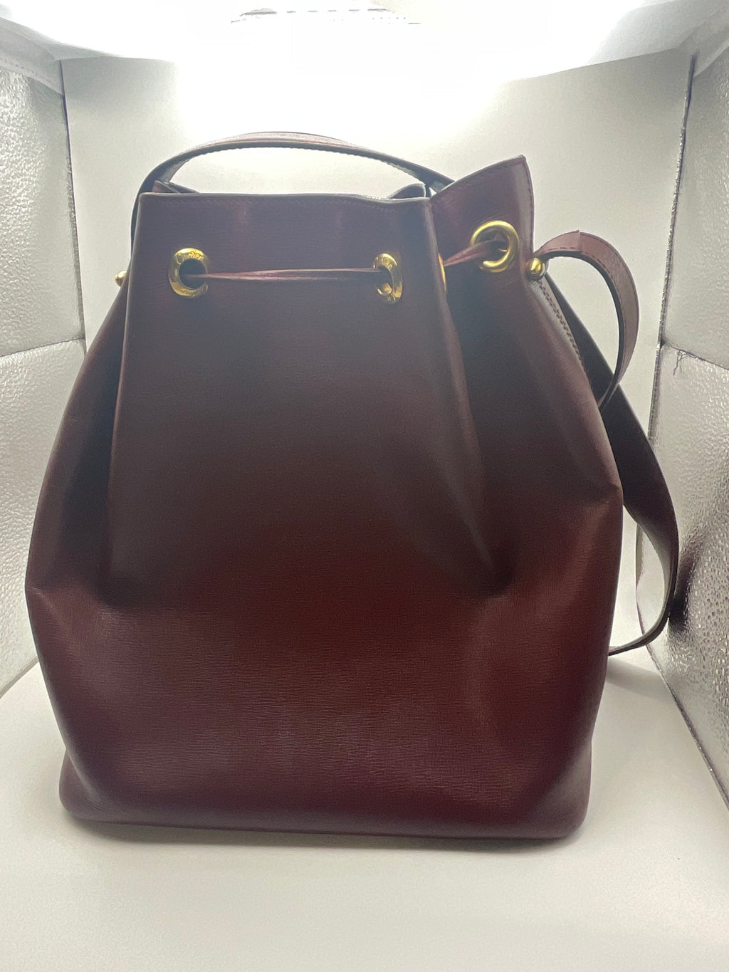 Cartier Must de Cartier Bordeaux Leather Drawstring Bucket Bag with COA