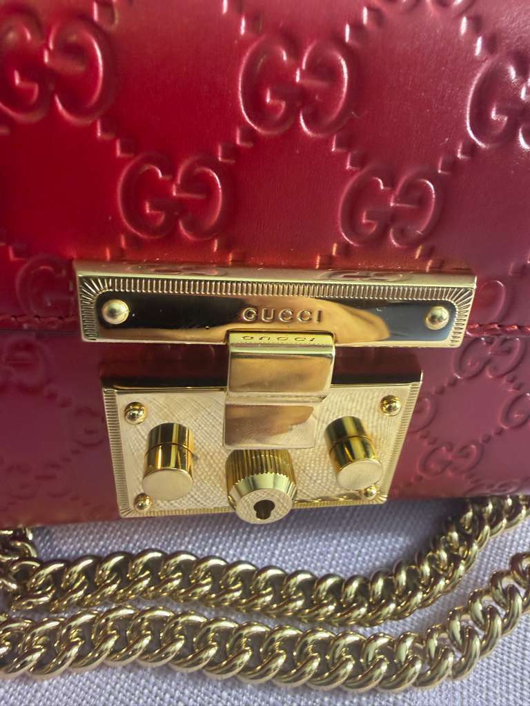 Gucci Padlock Signature GG Embossed Leather Mini Shoulder Bag – Red