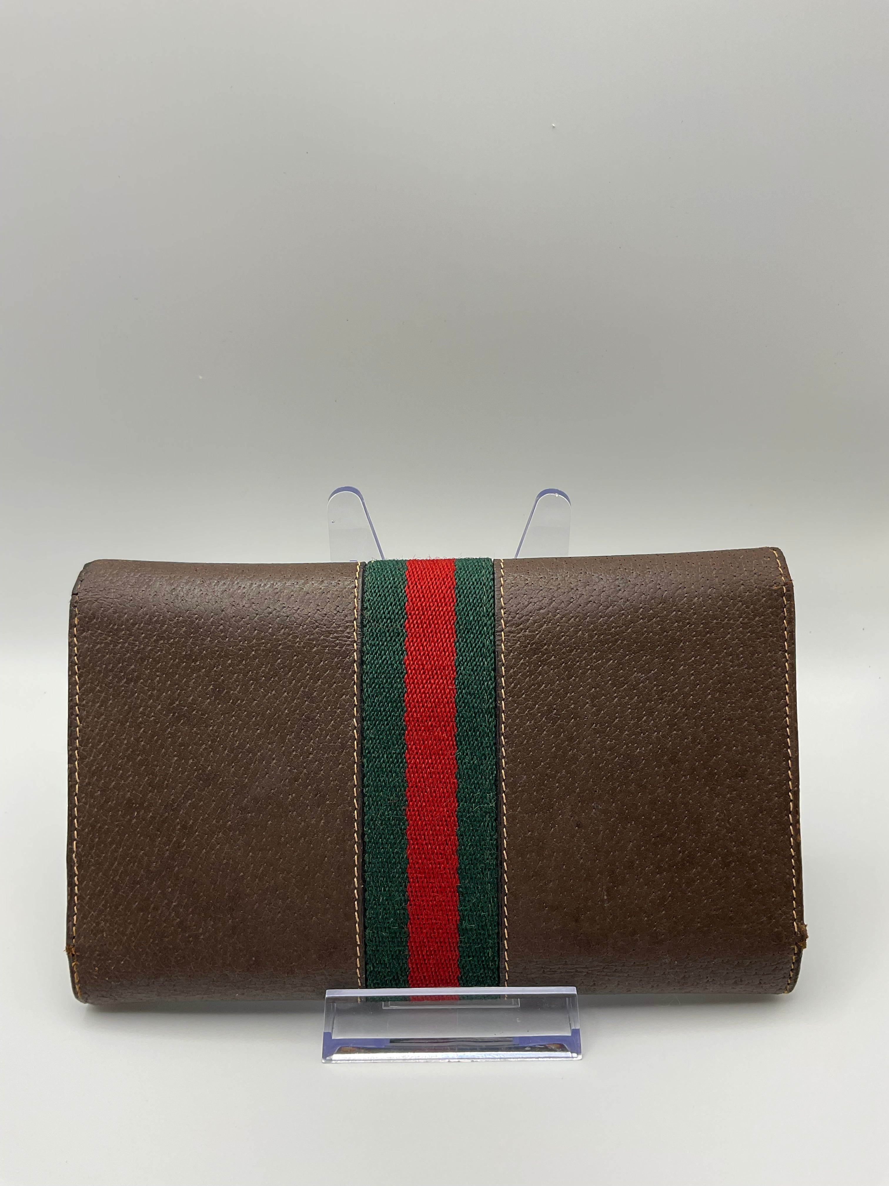 Gucci Vintage Brown Leather Horsebit Continental Wallet with Web Stripe