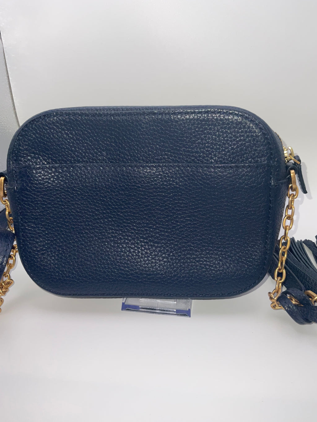 Tory Burch McGraw Pebbled Leather Camera Crossbody Bag Navy Blue Gold Hardware