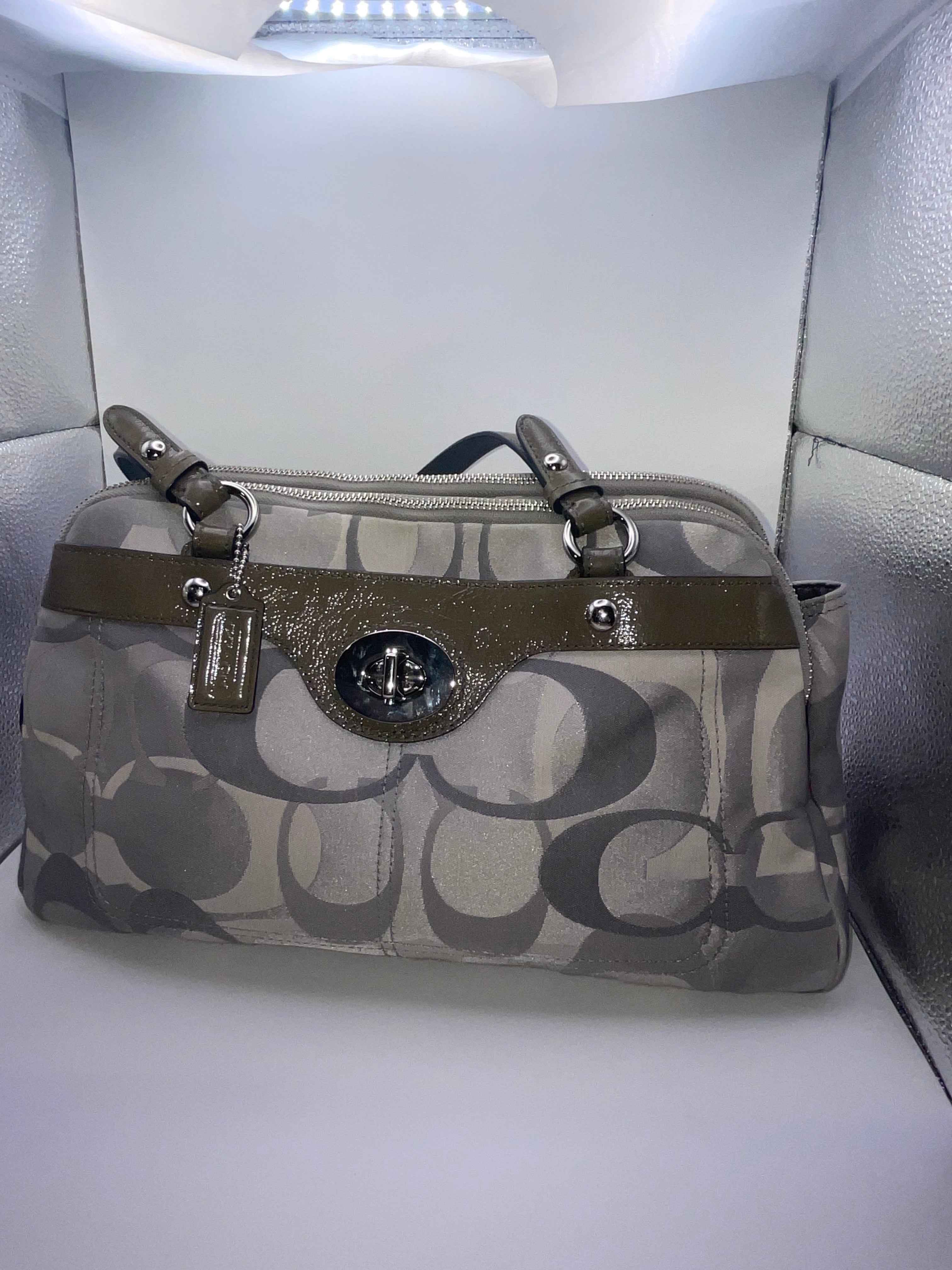 Coach Signature Sateen Sophia Satchel Gray Patent Leather Trim | Style F17481