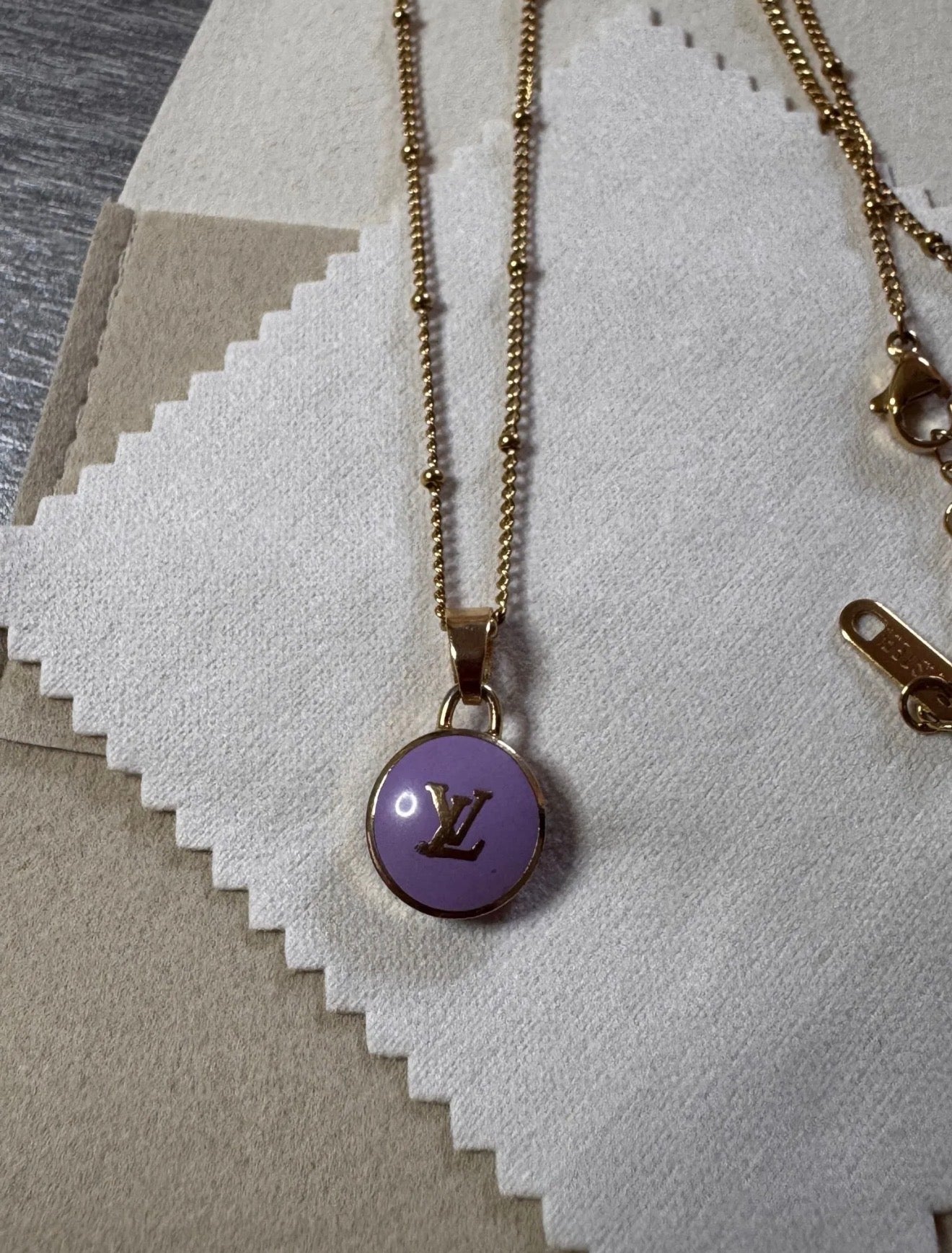 Louis Vuitton Purple Enamel LV Logo Pendant Necklace with COA