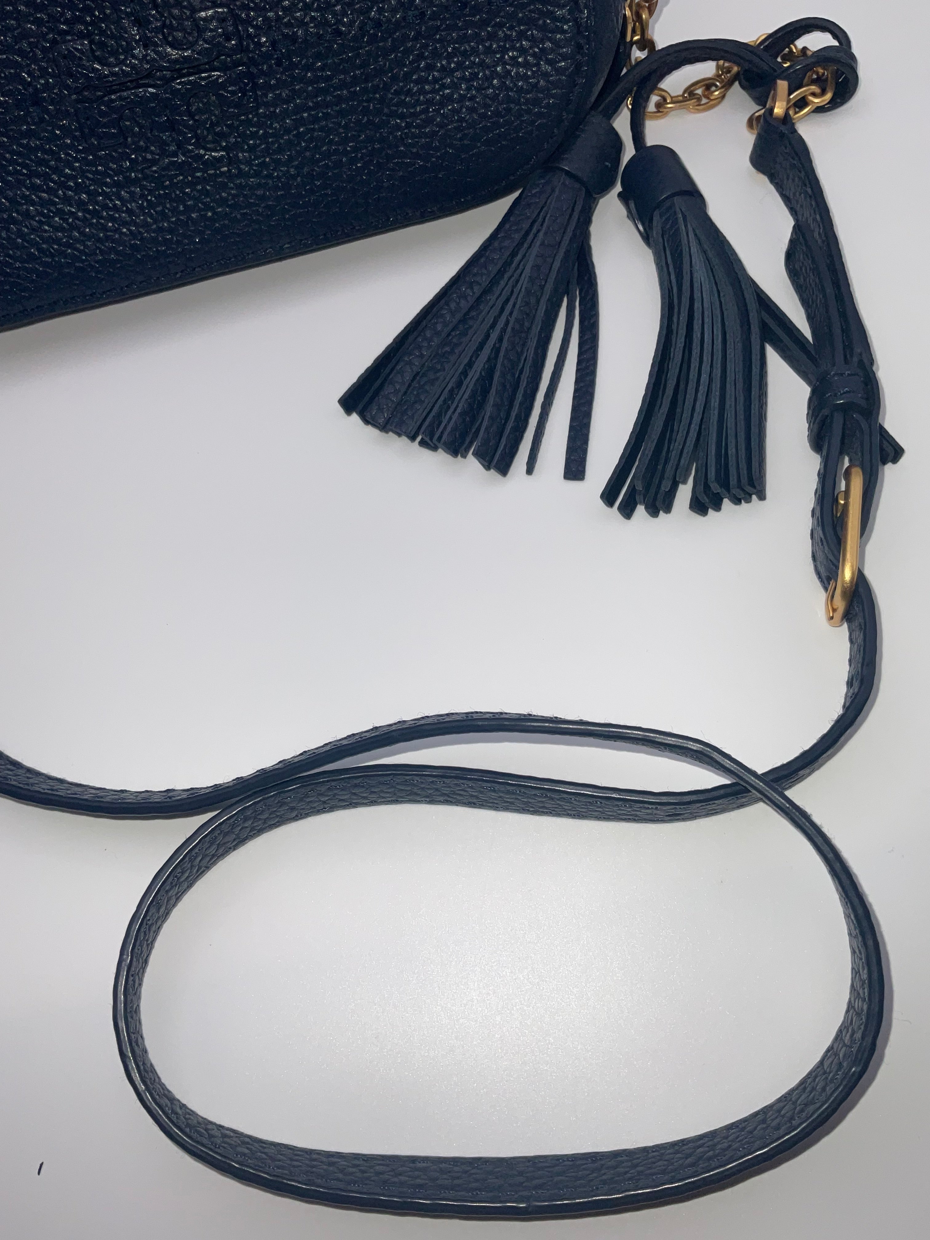 Tory Burch McGraw Pebbled Leather Camera Crossbody Bag Navy Blue Gold Hardware