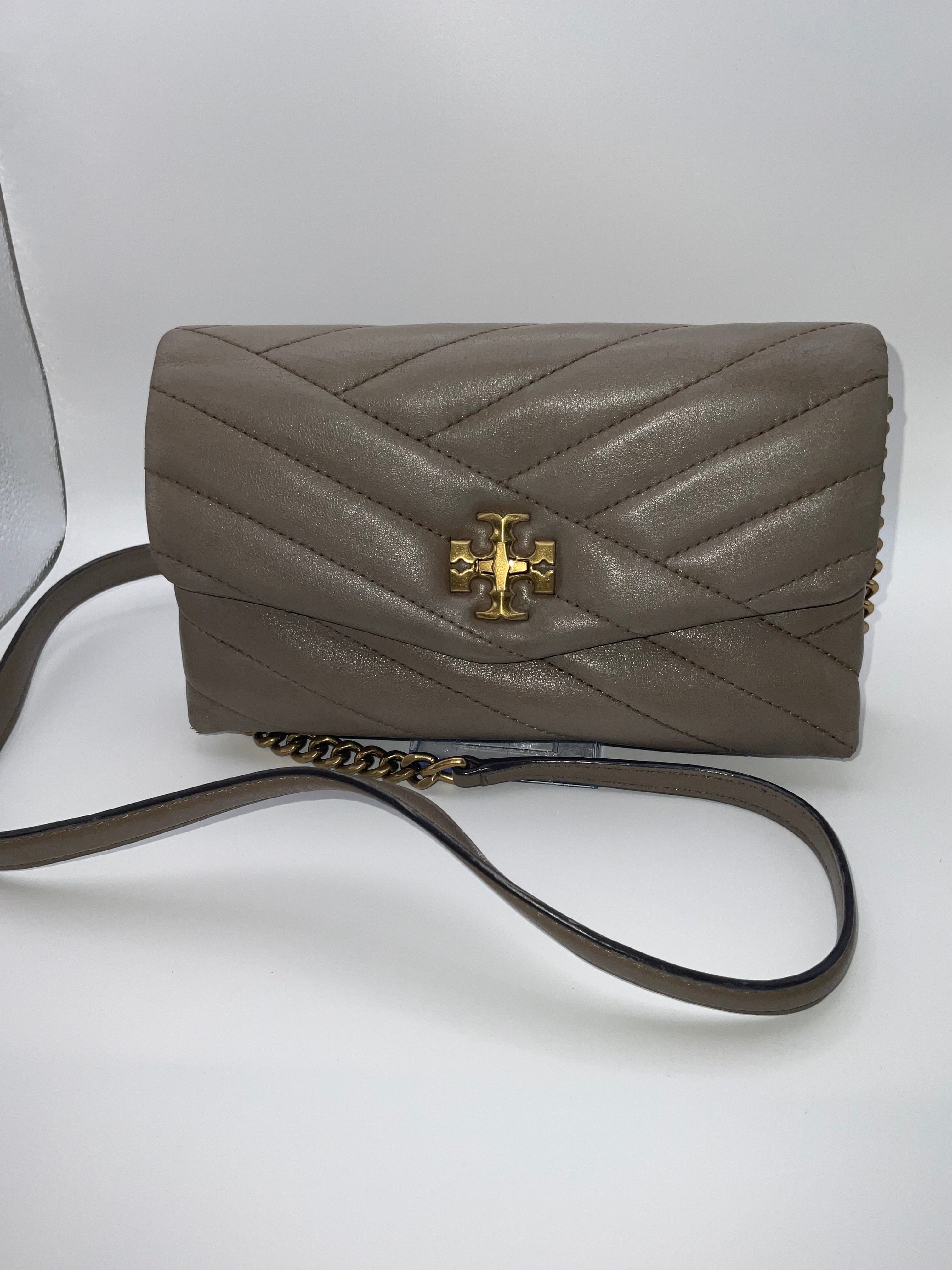 Tory Burch Kira Chevron Leather Wallet On Chain Crossbody Taupe Antique Brass