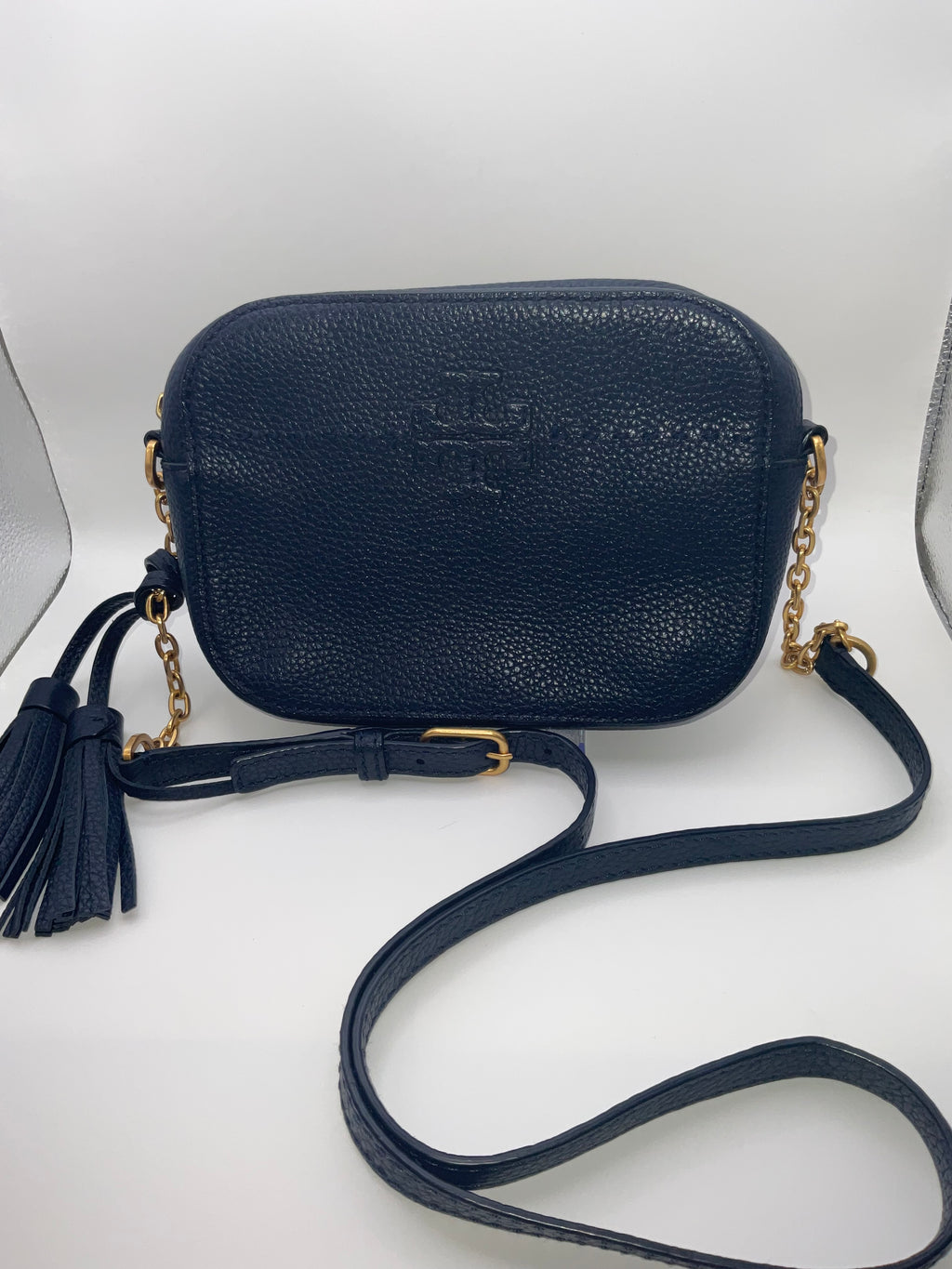 Tory Burch McGraw Pebbled Leather Camera Crossbody Bag Navy Blue Gold Hardware