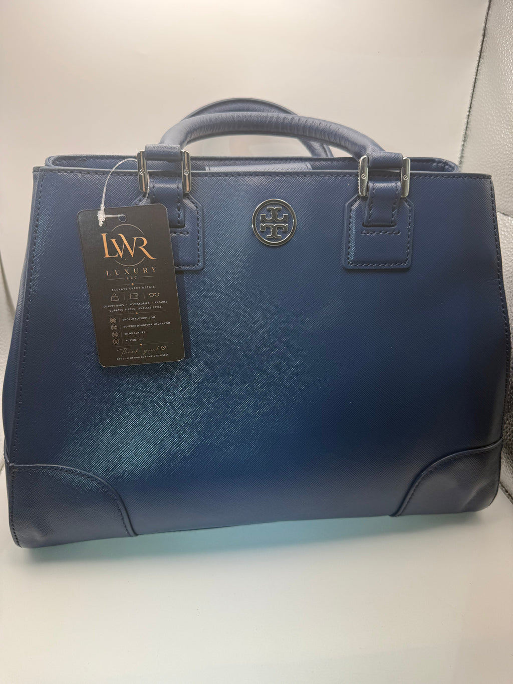 Tory Burch Robinson Double-Zip Tote | Navy Blue Saffiano Leather | Medium