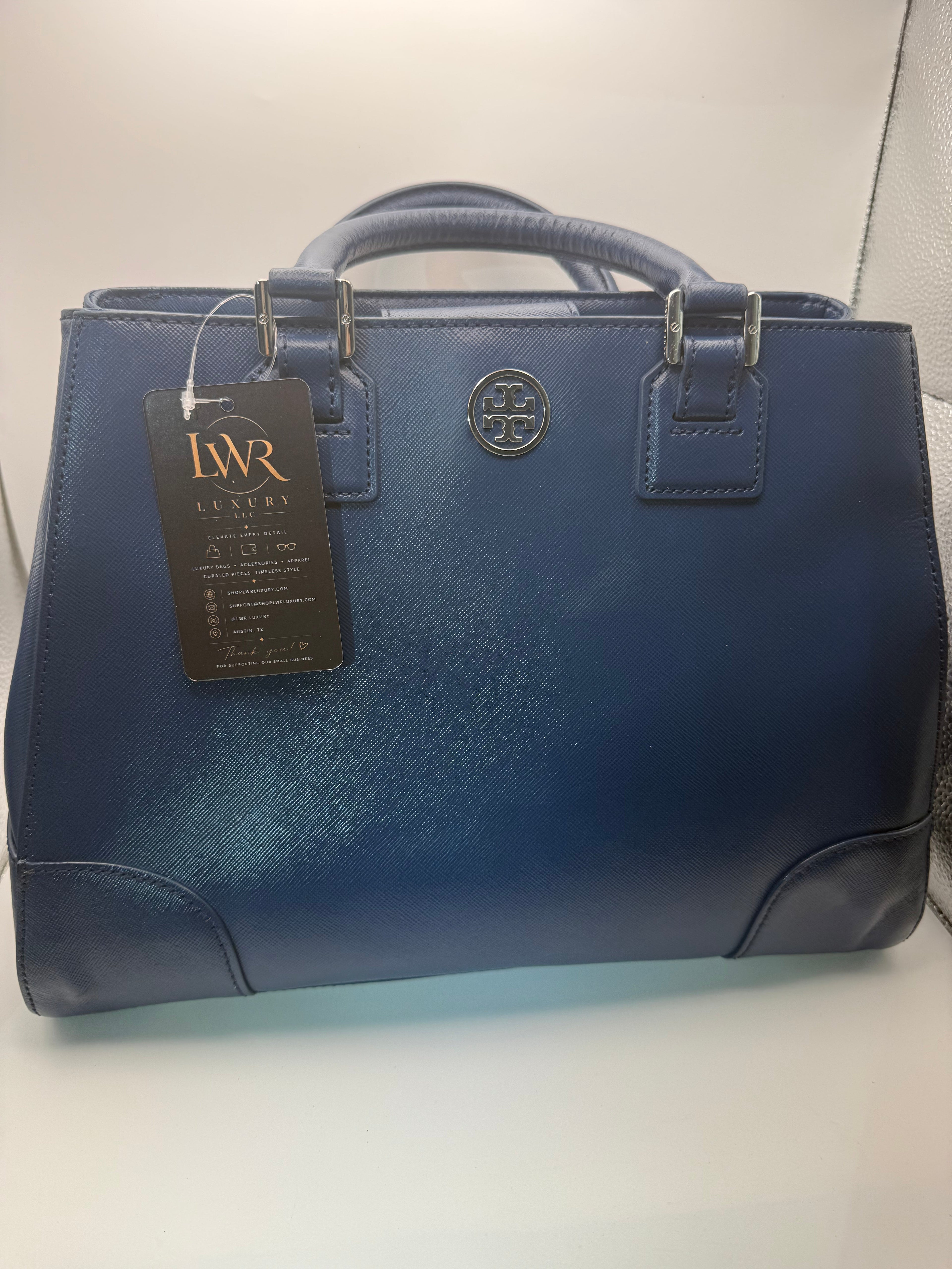 Tory Burch Robinson Double-Zip Tote | Navy Blue Saffiano Leather | Medium