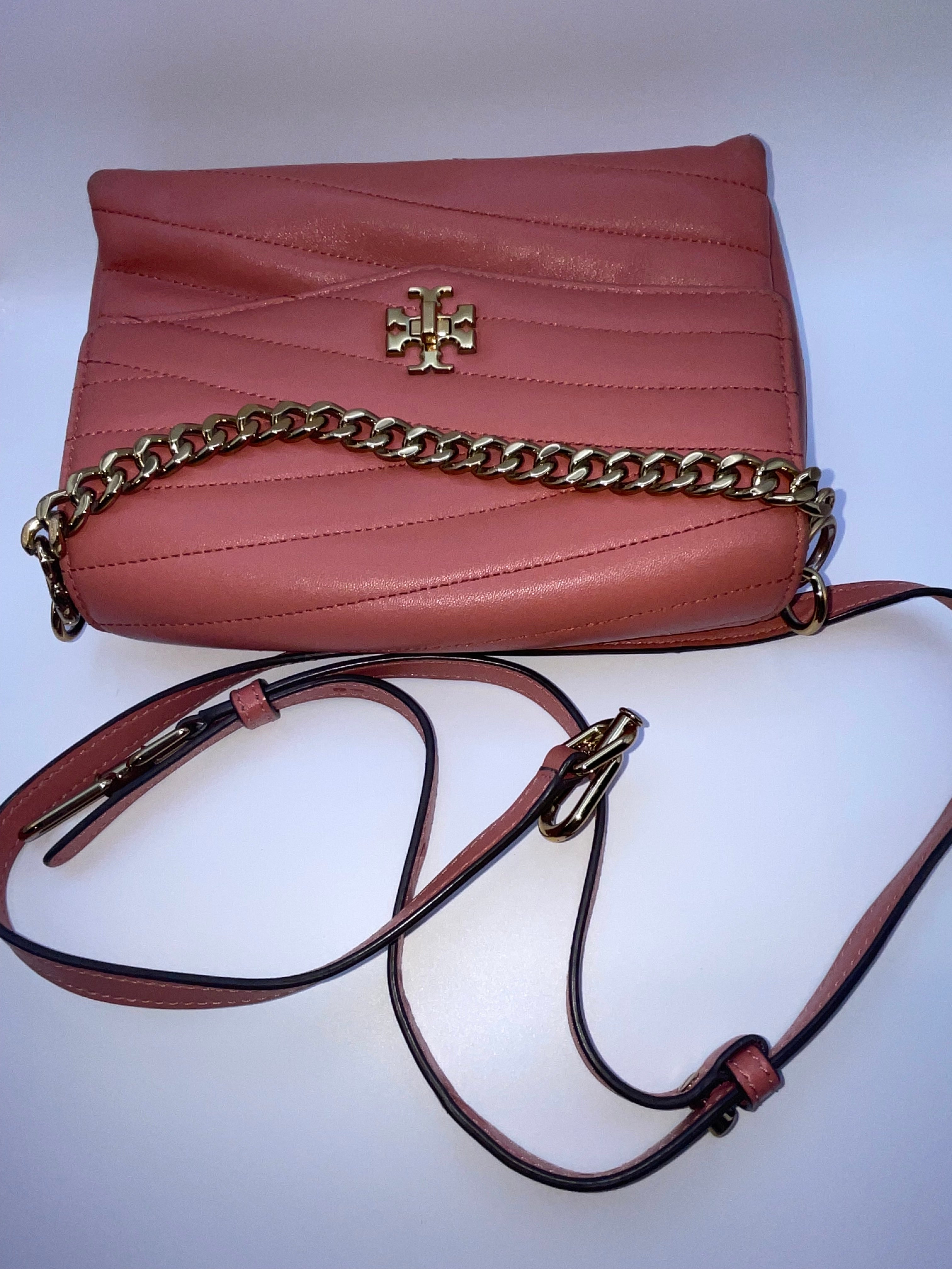 Tory Burch Kira Chevron Small Convertible Shoulder Bag Pink Leather Gold Hardware