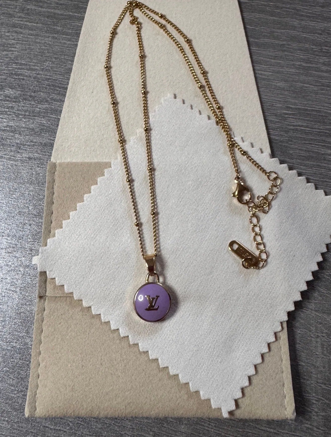 Louis Vuitton Purple Enamel LV Logo Pendant Necklace with COA