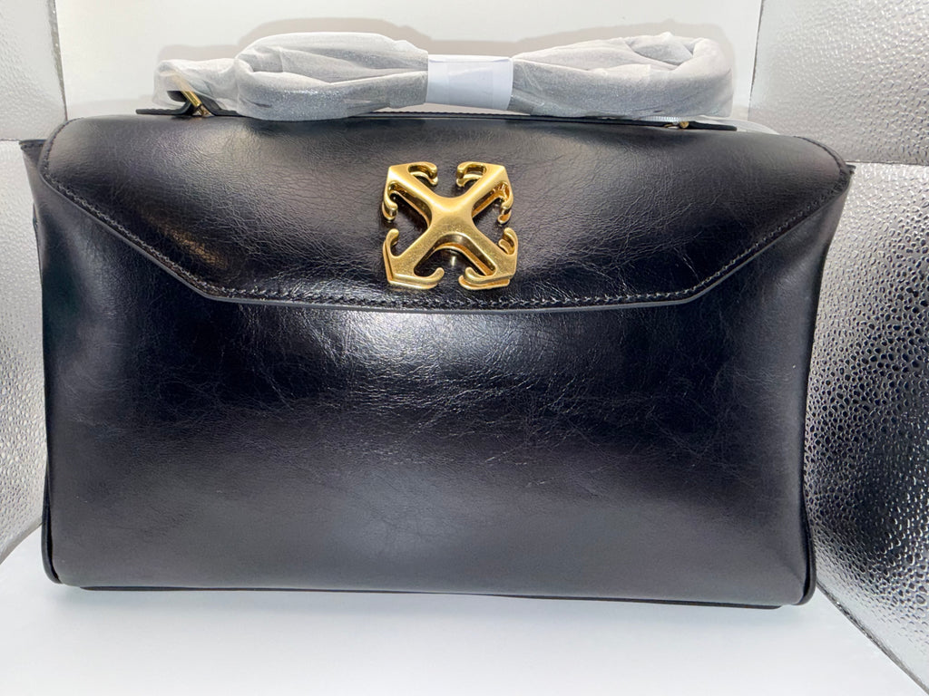 Off-White Jitney Black Leather Shoulder Bag with Gold Arrow Logo
