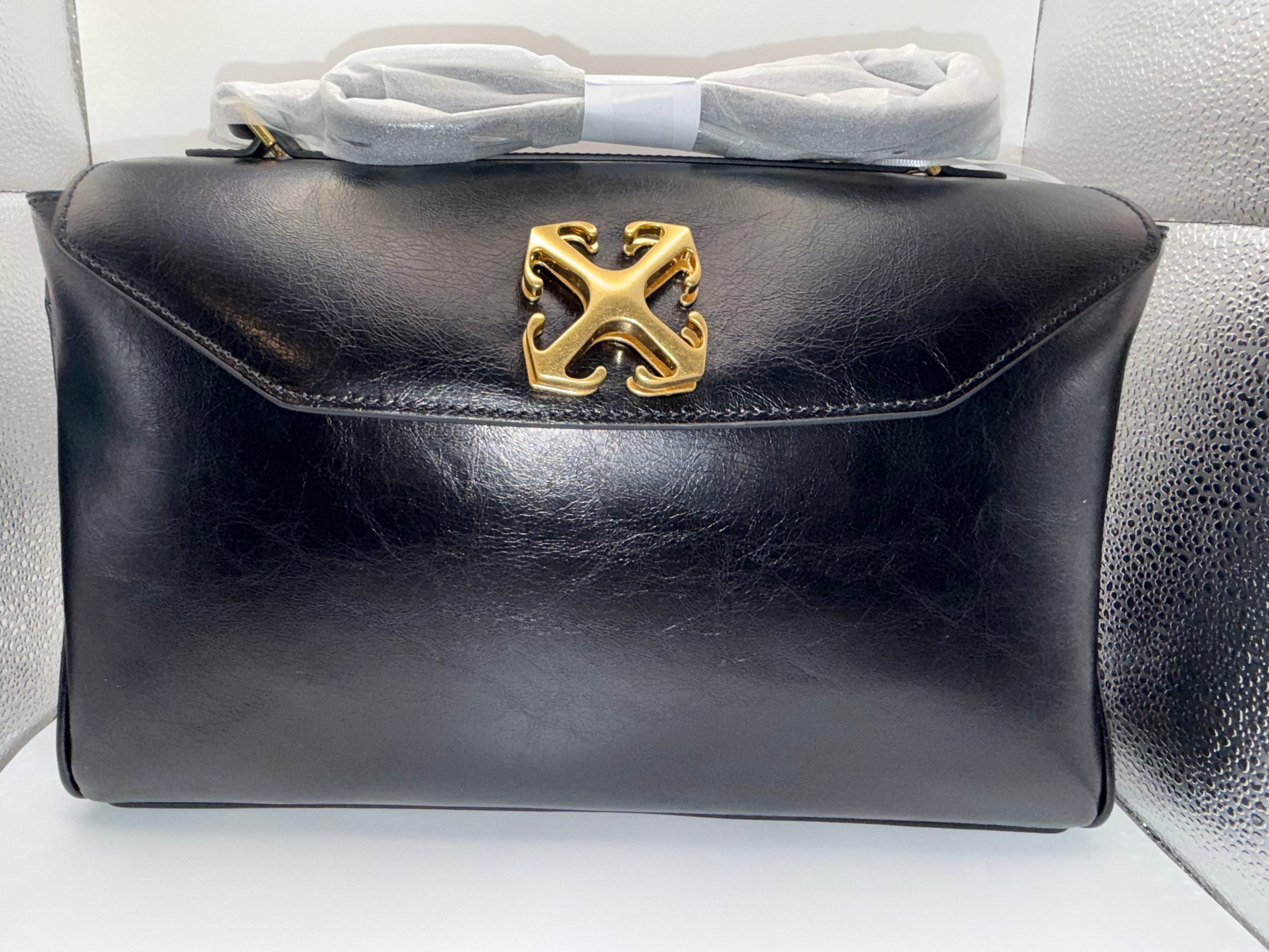 Off-White Jitney Black Leather Shoulder Bag with Gold Arrow Logo