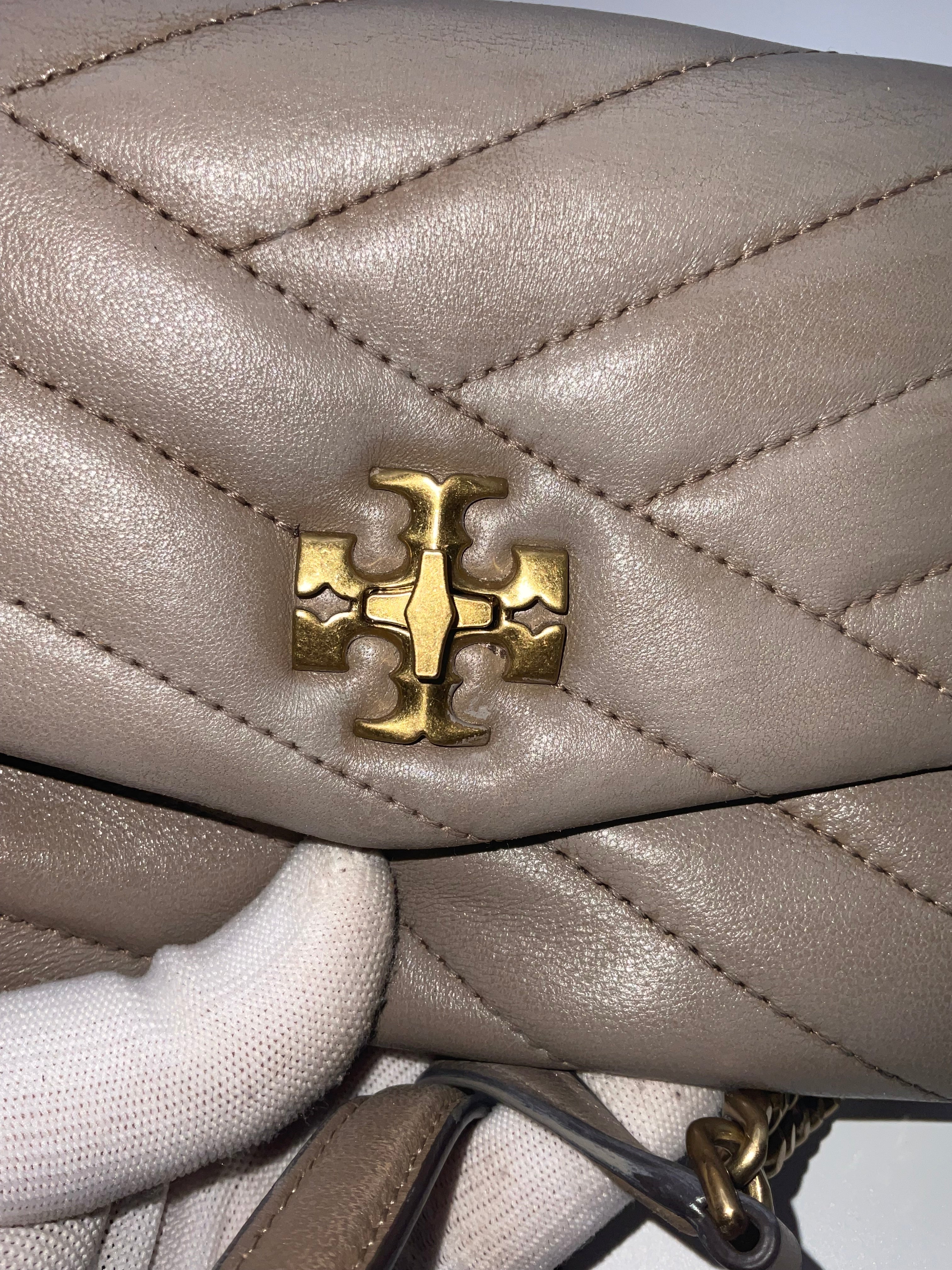 Tory Burch Kira Chevron Leather Wallet On Chain Crossbody Taupe Antique Brass