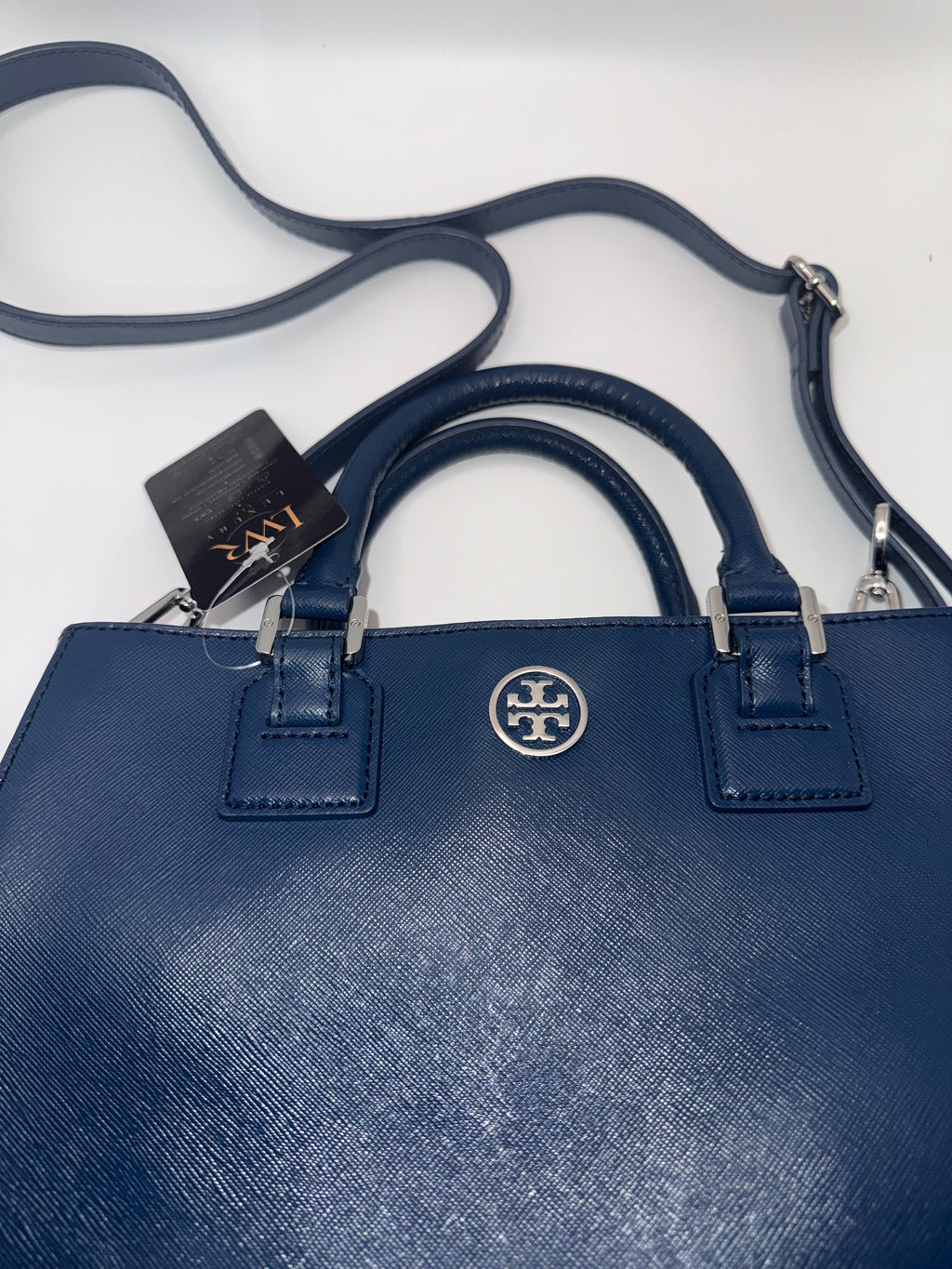 Tory Burch Robinson Double-Zip Tote | Navy Blue Saffiano Leather | Medium