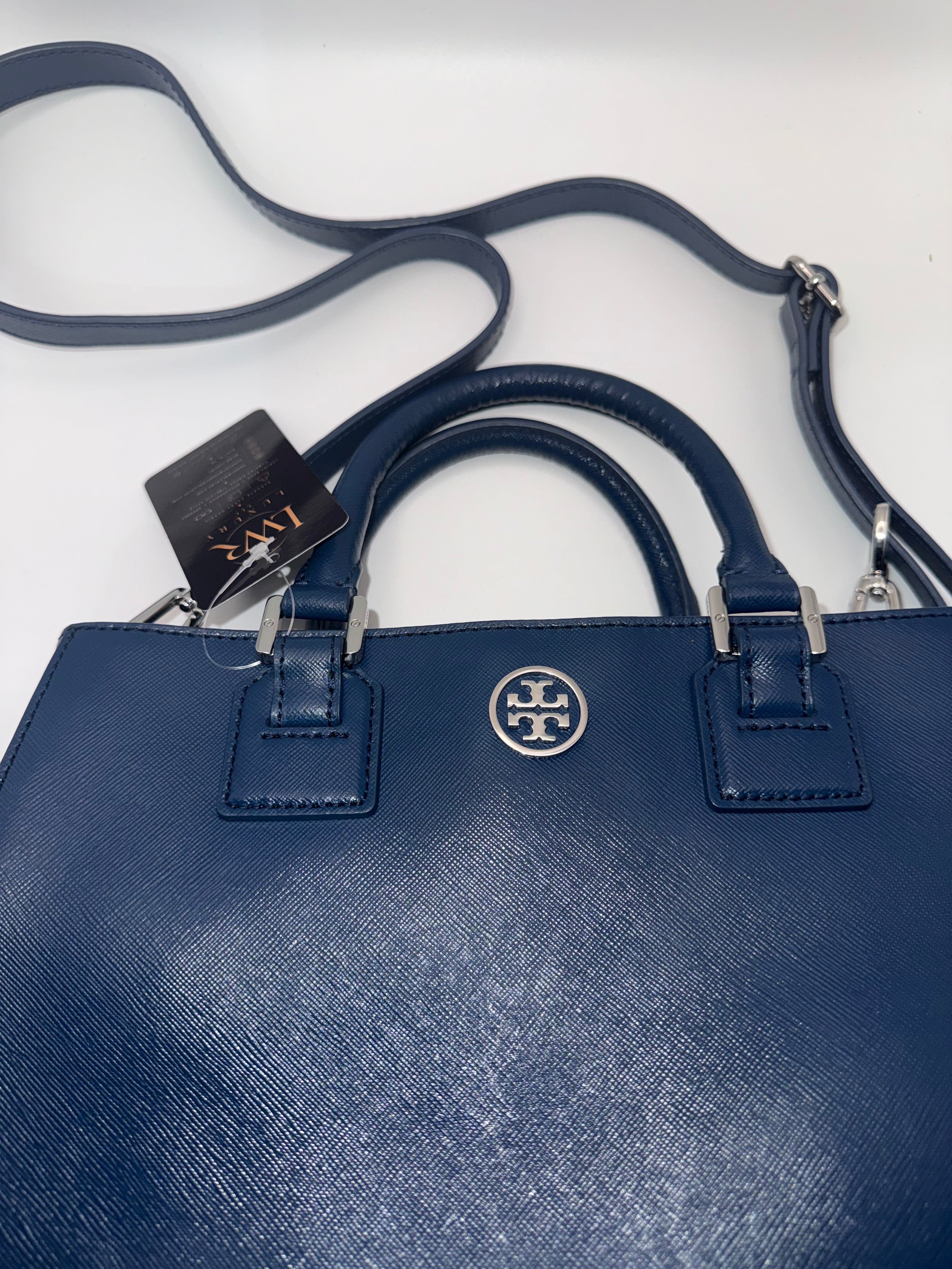 Tory Burch Robinson Double-Zip Tote | Navy Blue Saffiano Leather | Medium