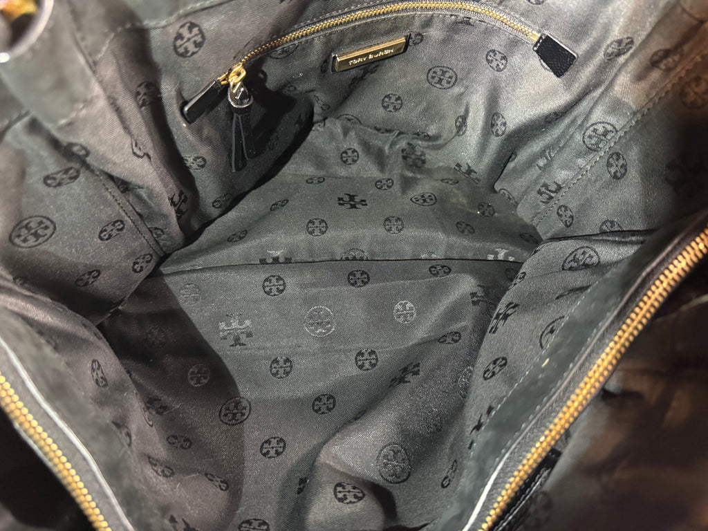 Tory Burch Black Pebbled Leather Large Tote Bag with Gold Hardware