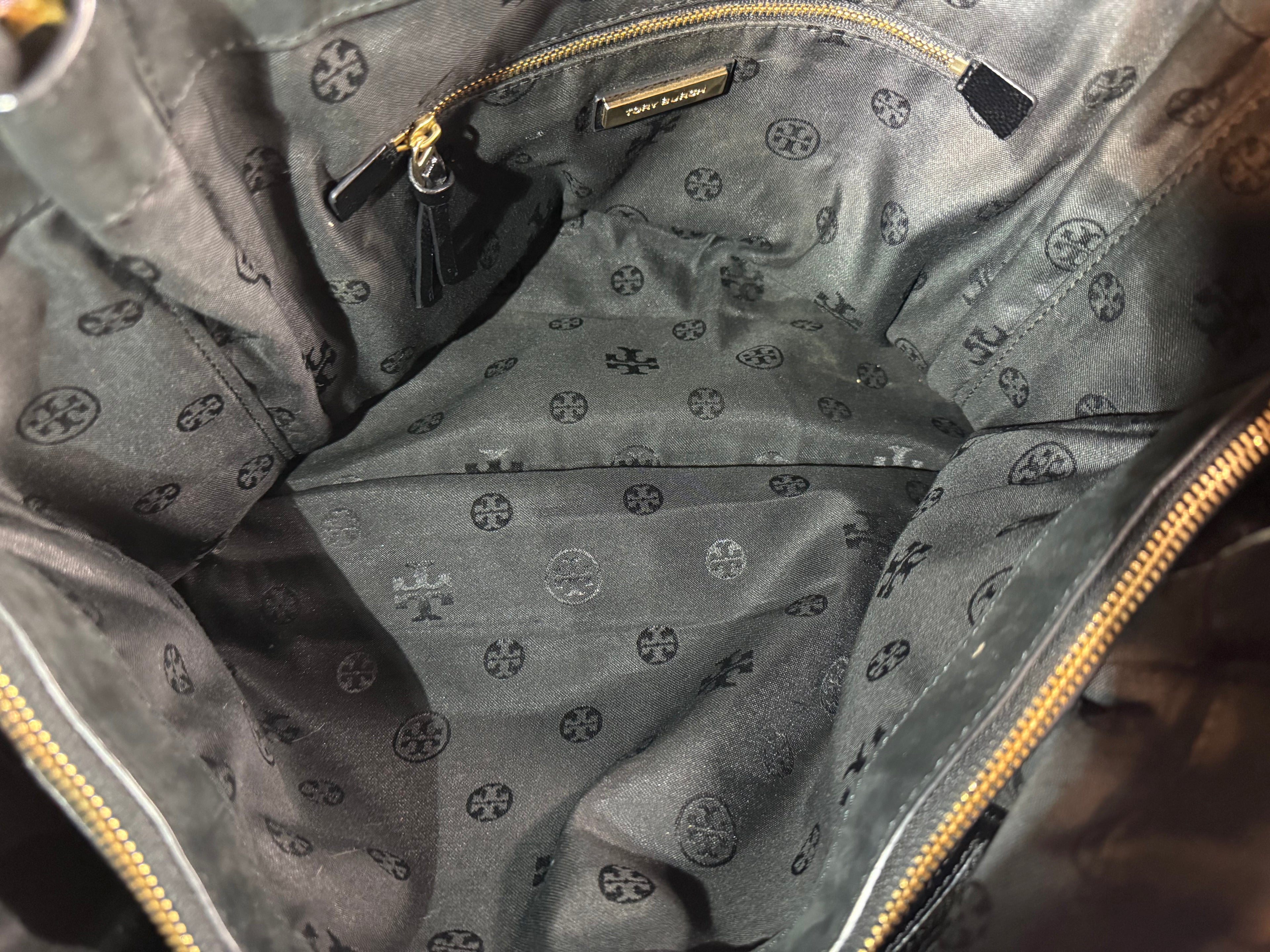 Tory Burch Black Pebbled Leather Large Tote Bag with Gold Hardware