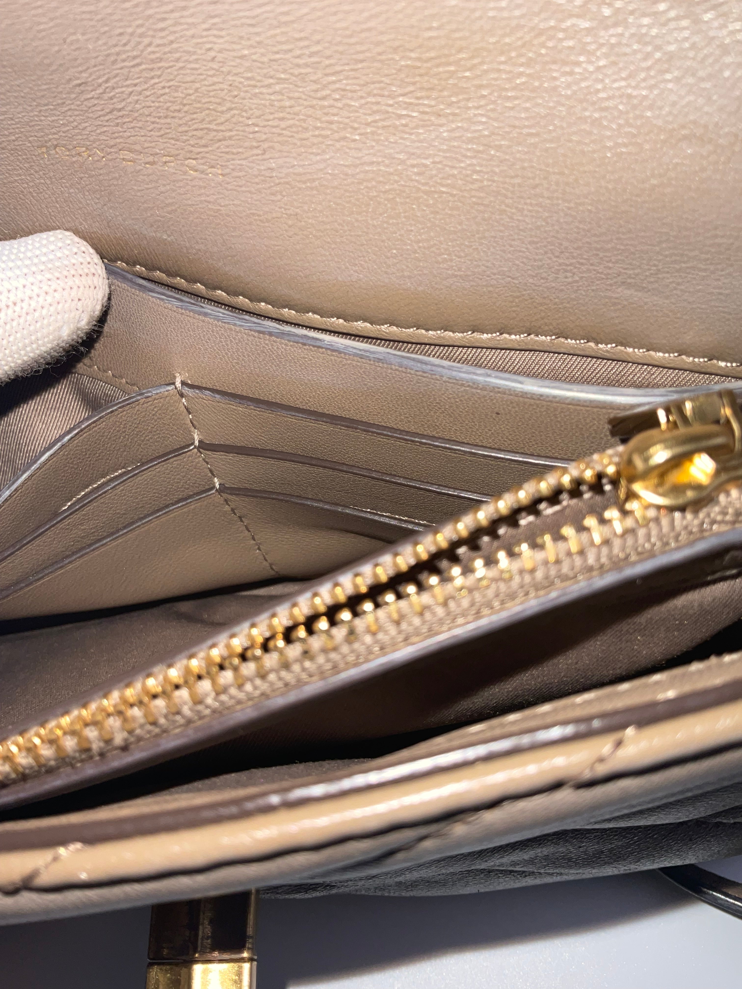 Tory Burch Kira Chevron Leather Wallet On Chain Crossbody Taupe Antique Brass