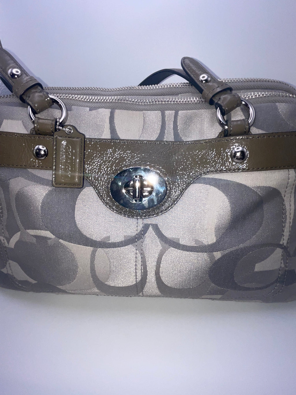 Coach Signature Sateen Sophia Satchel Gray Patent Leather Trim | Style F17481