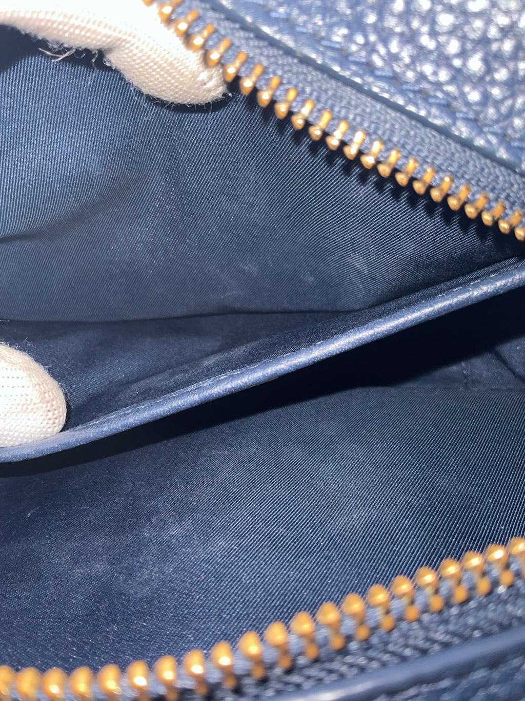 Tory Burch McGraw Pebbled Leather Camera Crossbody Bag Navy Blue Gold Hardware