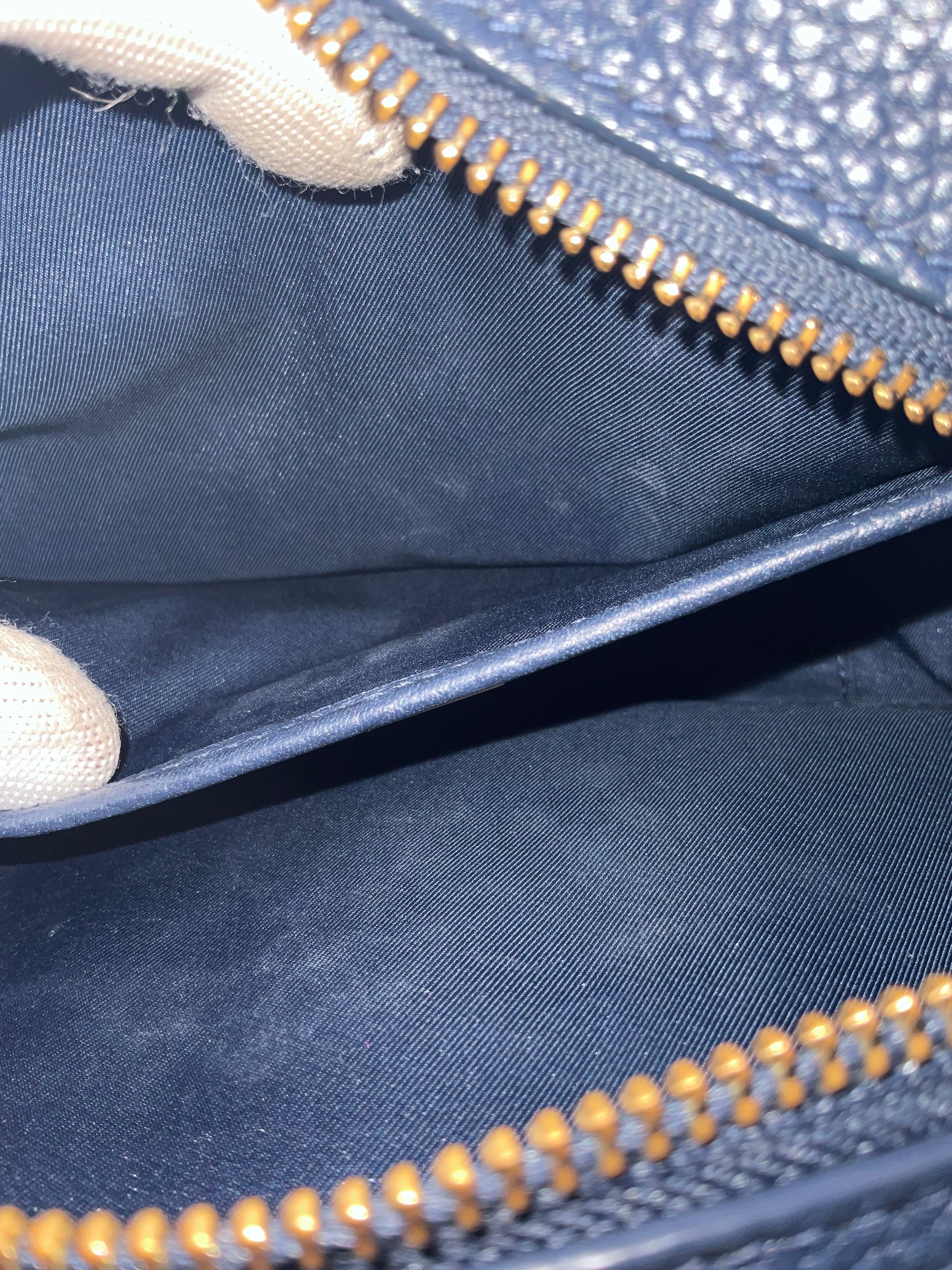 Tory Burch McGraw Pebbled Leather Camera Crossbody Bag Navy Blue Gold Hardware
