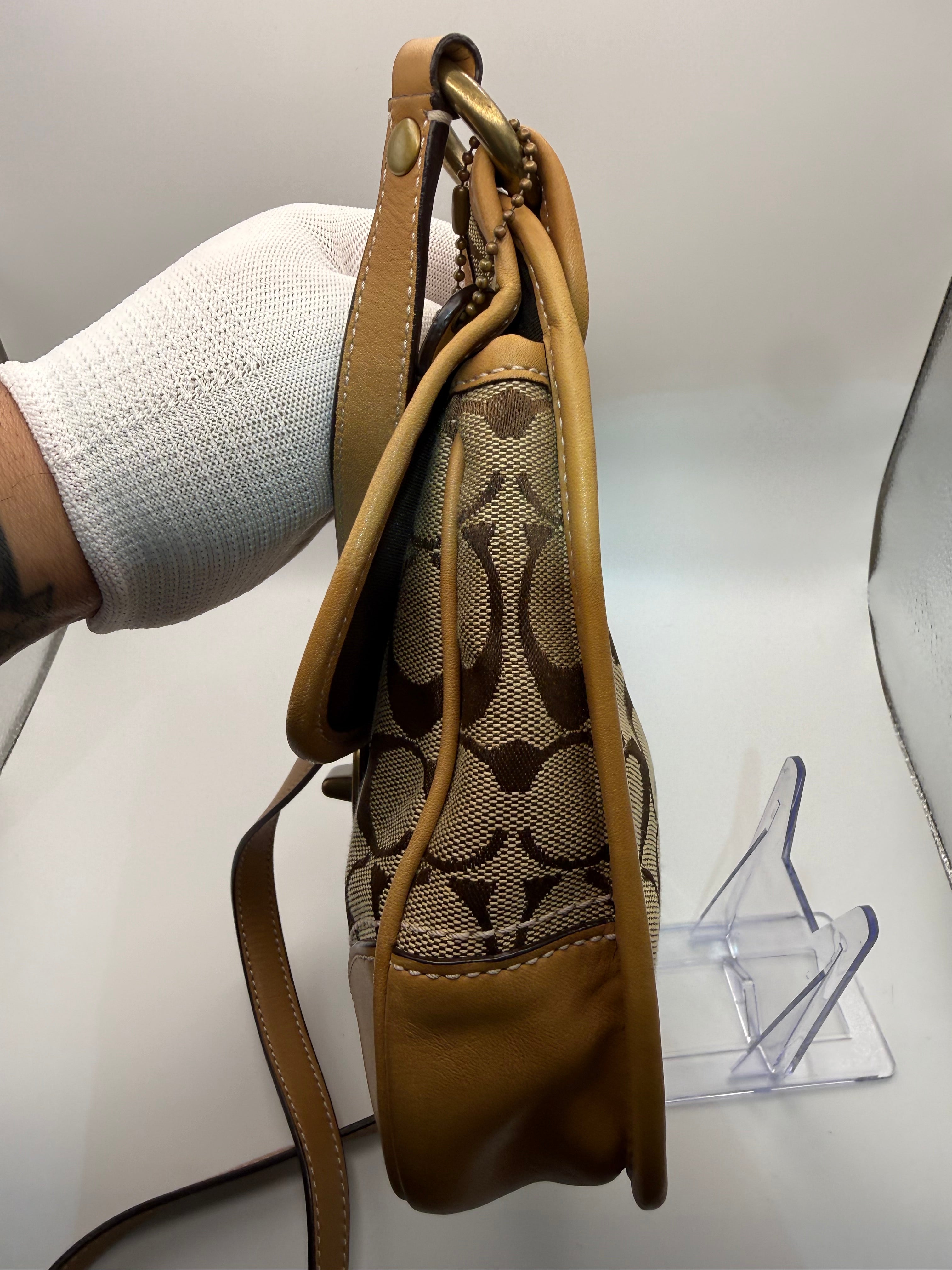 Coach Signature Canvas Shoulder Bag – Khaki/Tan | Turn-Lock Flap