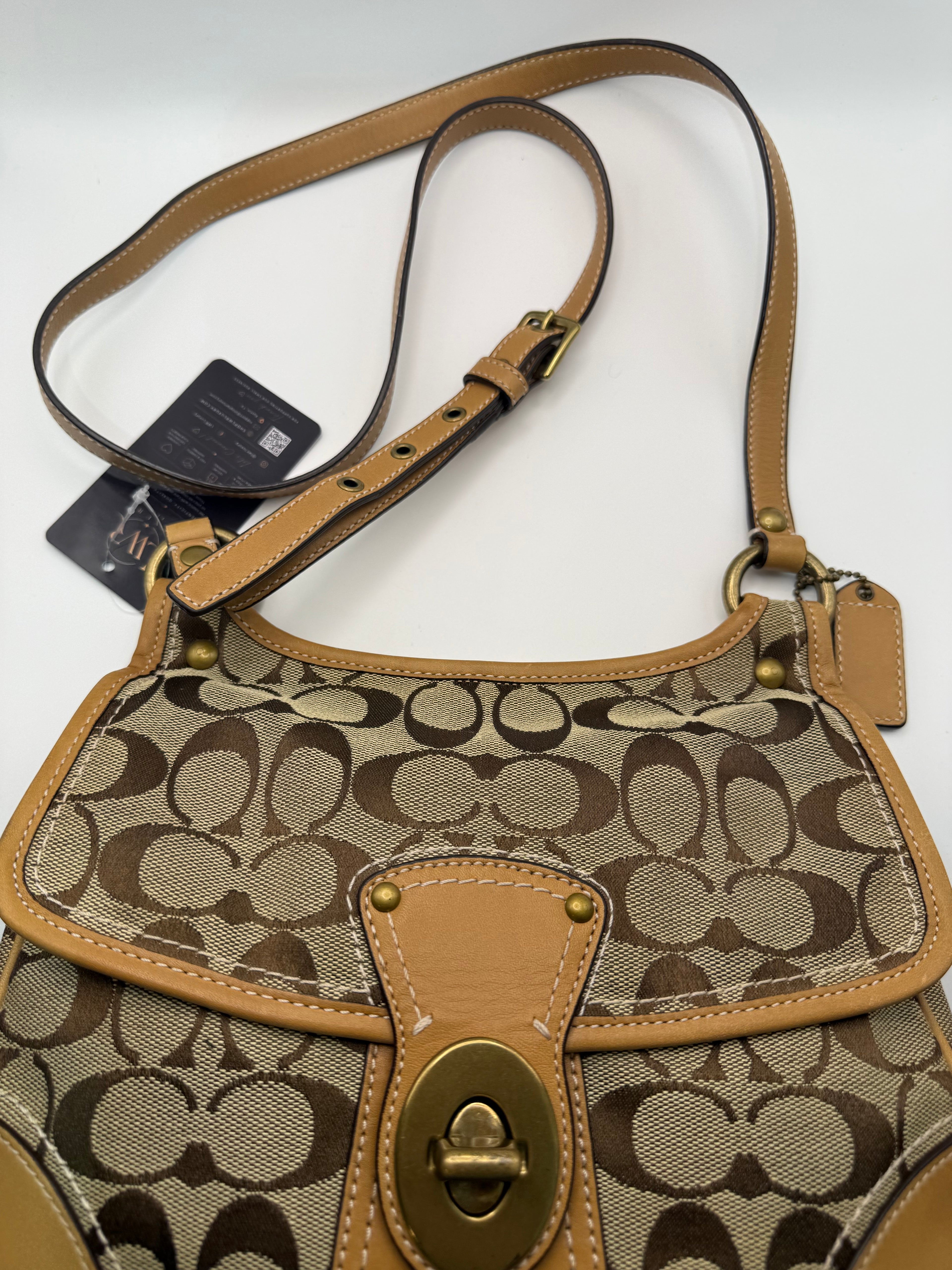 Coach Signature Canvas Shoulder Bag – Khaki/Tan | Turn-Lock Flap