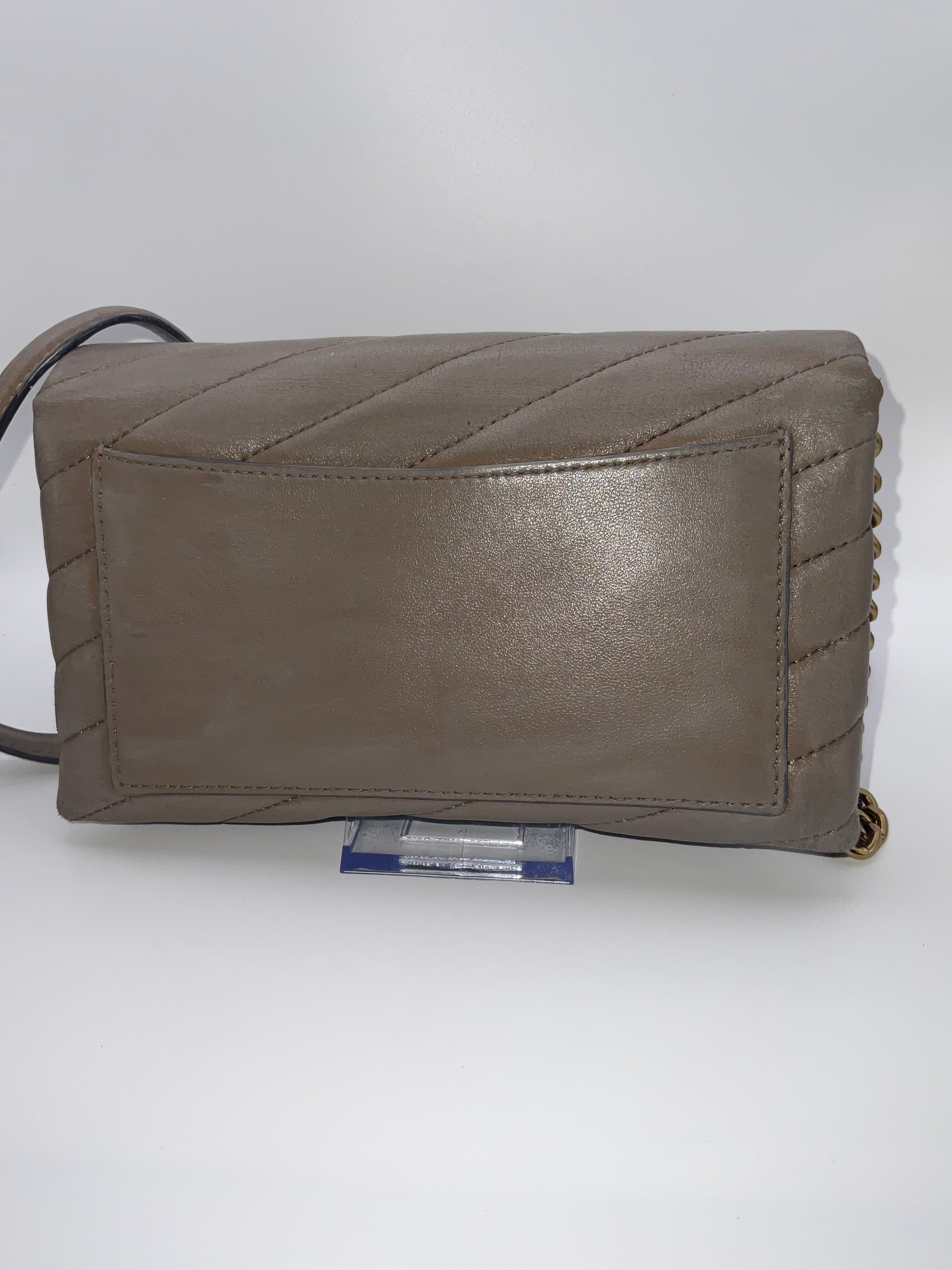 Tory Burch Kira Chevron Leather Wallet On Chain Crossbody Taupe Antique Brass