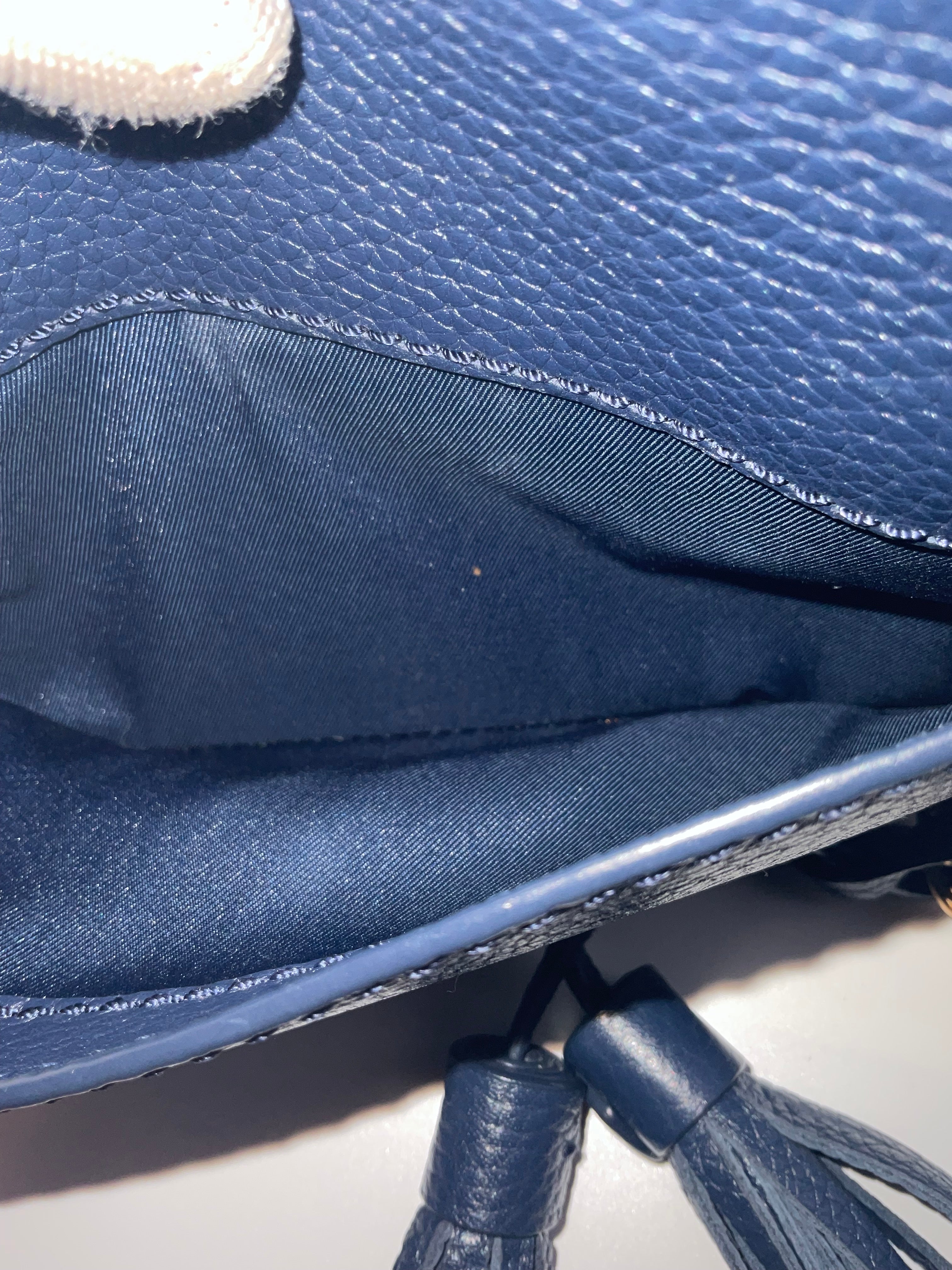 Tory Burch McGraw Pebbled Leather Camera Crossbody Bag Navy Blue Gold Hardware