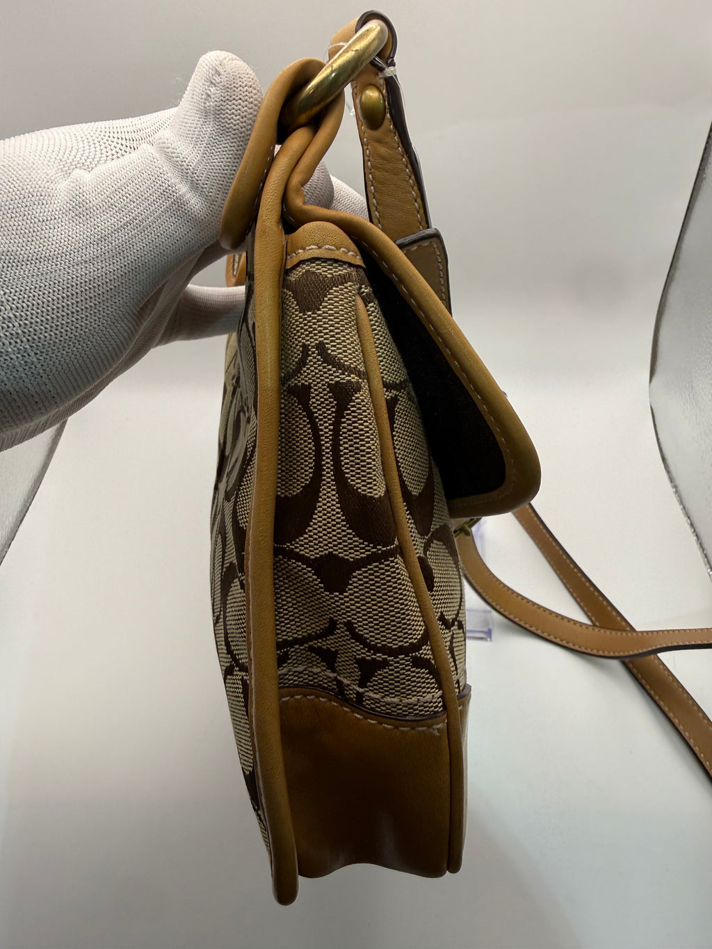 Coach Signature Canvas Shoulder Bag – Khaki/Tan | Turn-Lock Flap