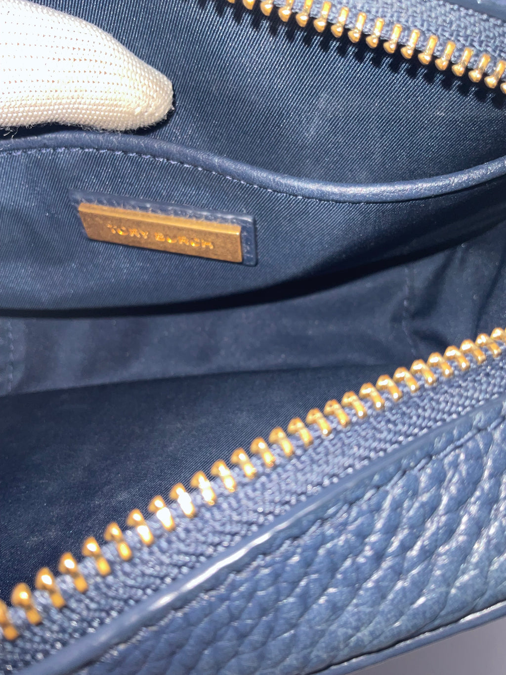 Tory Burch McGraw Pebbled Leather Camera Crossbody Bag Navy Blue Gold Hardware