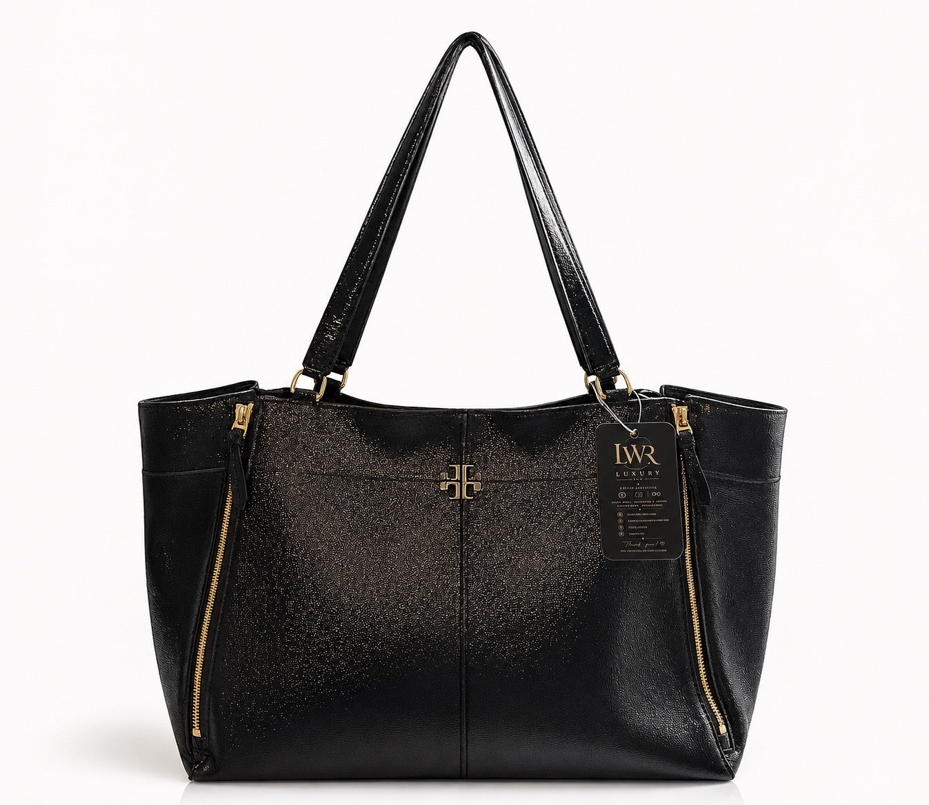 Tory Burch Black Pebbled Leather Large Tote Bag with Gold Hardware
