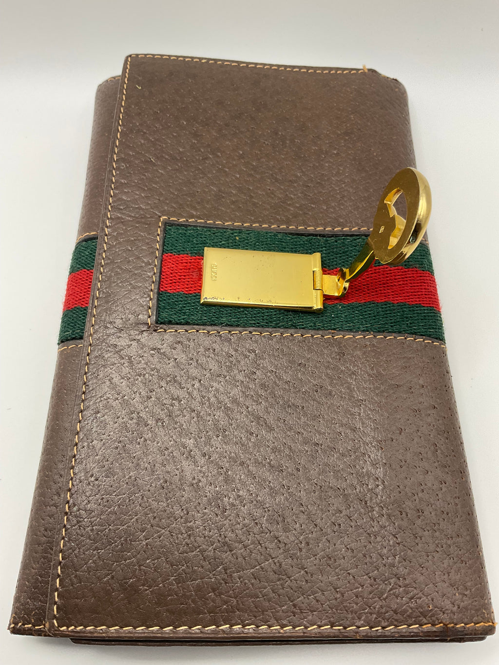Gucci Vintage Brown Leather Horsebit Continental Wallet with Web Stripe