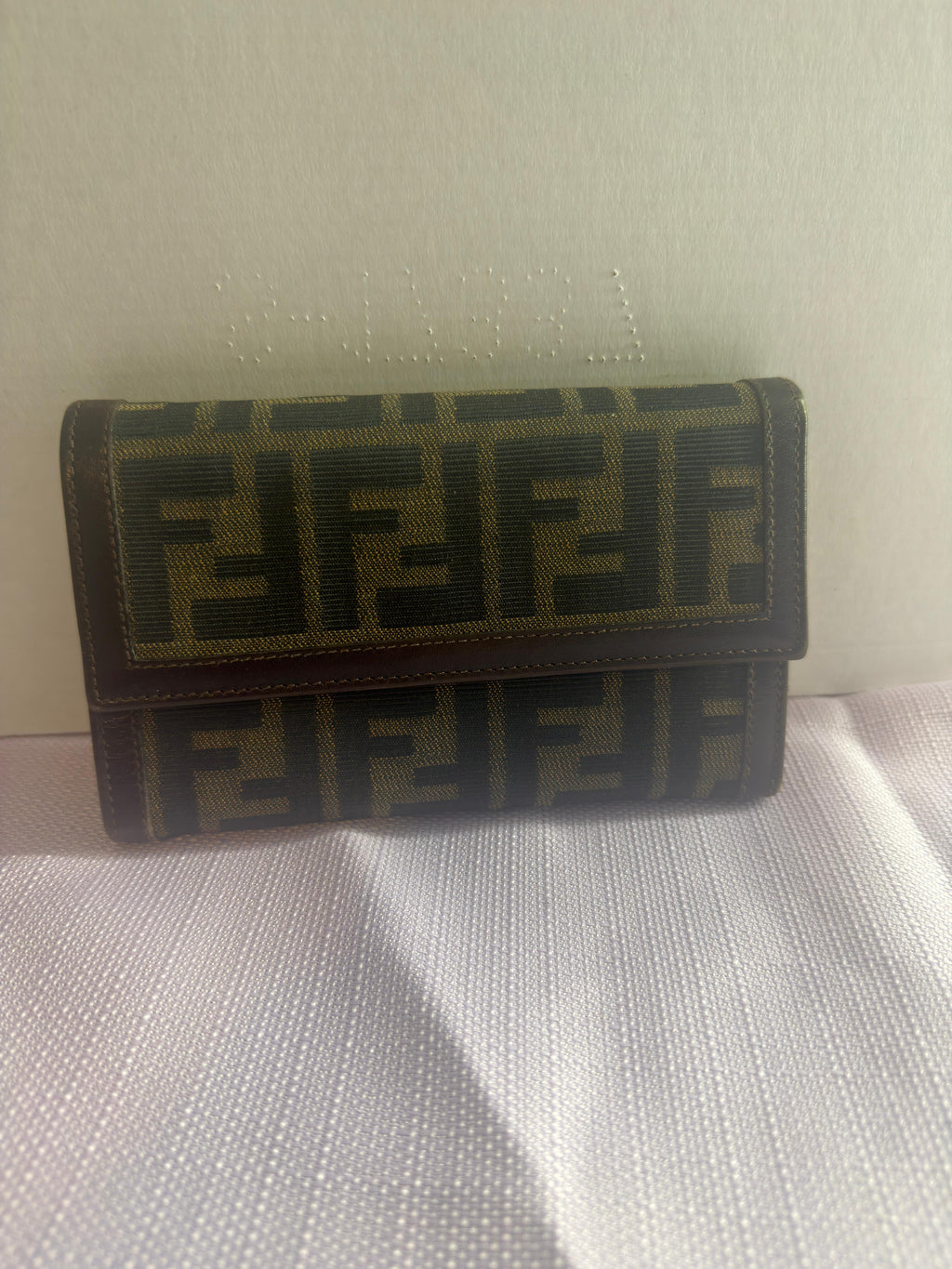 Fendi Zucca Canvas Long Wallet Brown FF Logo Leather Trim