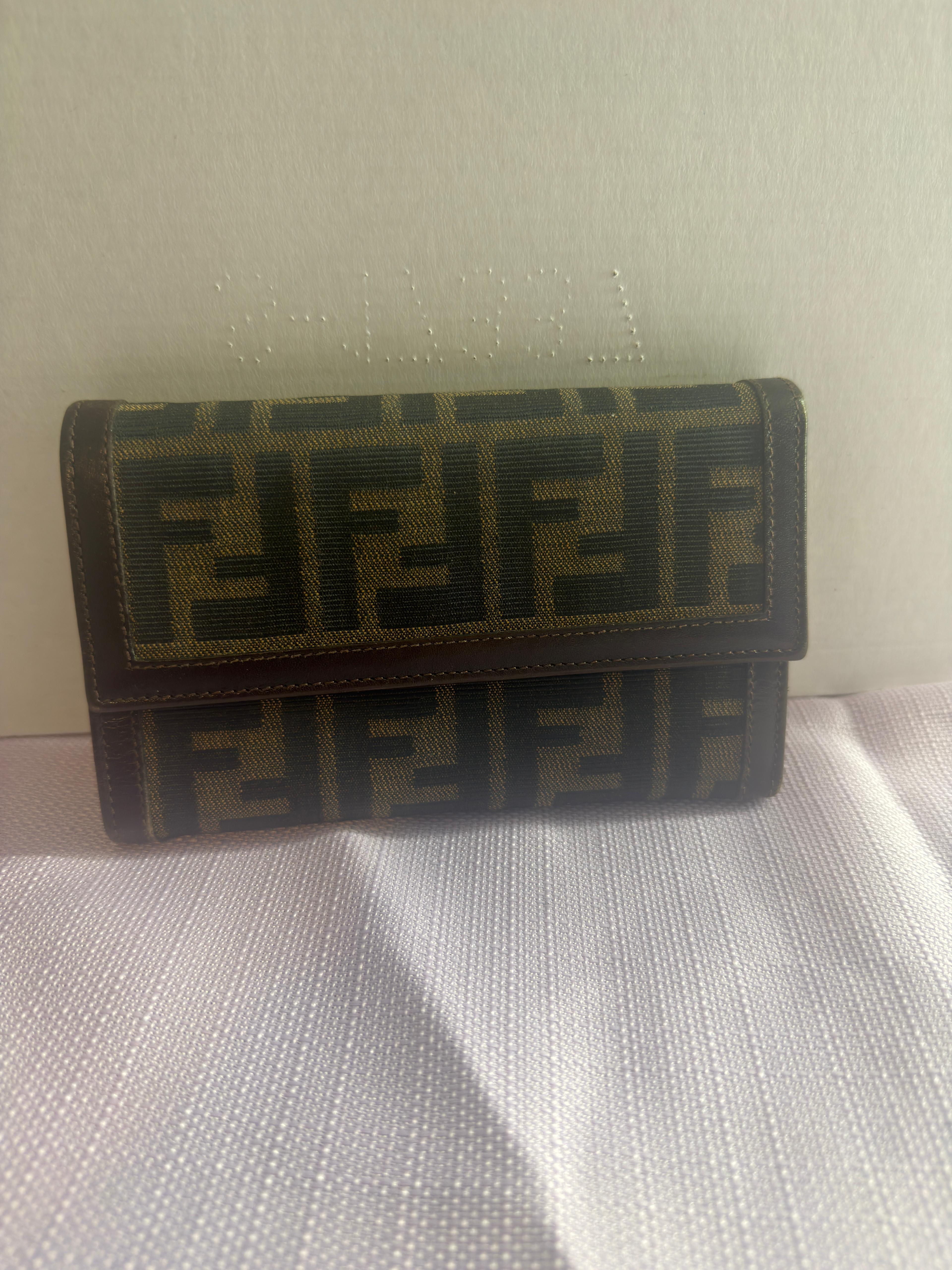 Fendi Zucca Canvas Long Wallet Brown FF Logo Leather Trim