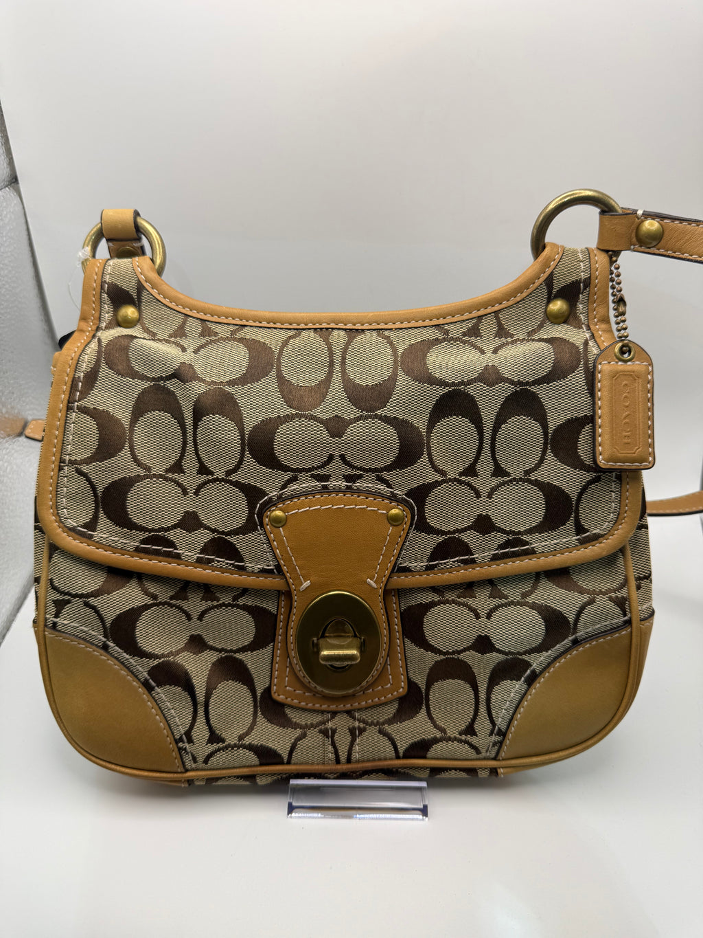 Coach Signature Canvas Shoulder Bag – Khaki/Tan | Turn-Lock Flap