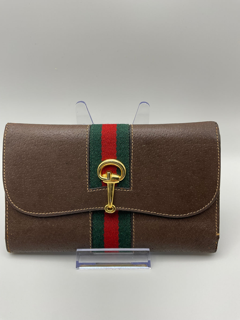 Gucci Vintage Brown Leather Horsebit Continental Wallet with Web Stripe