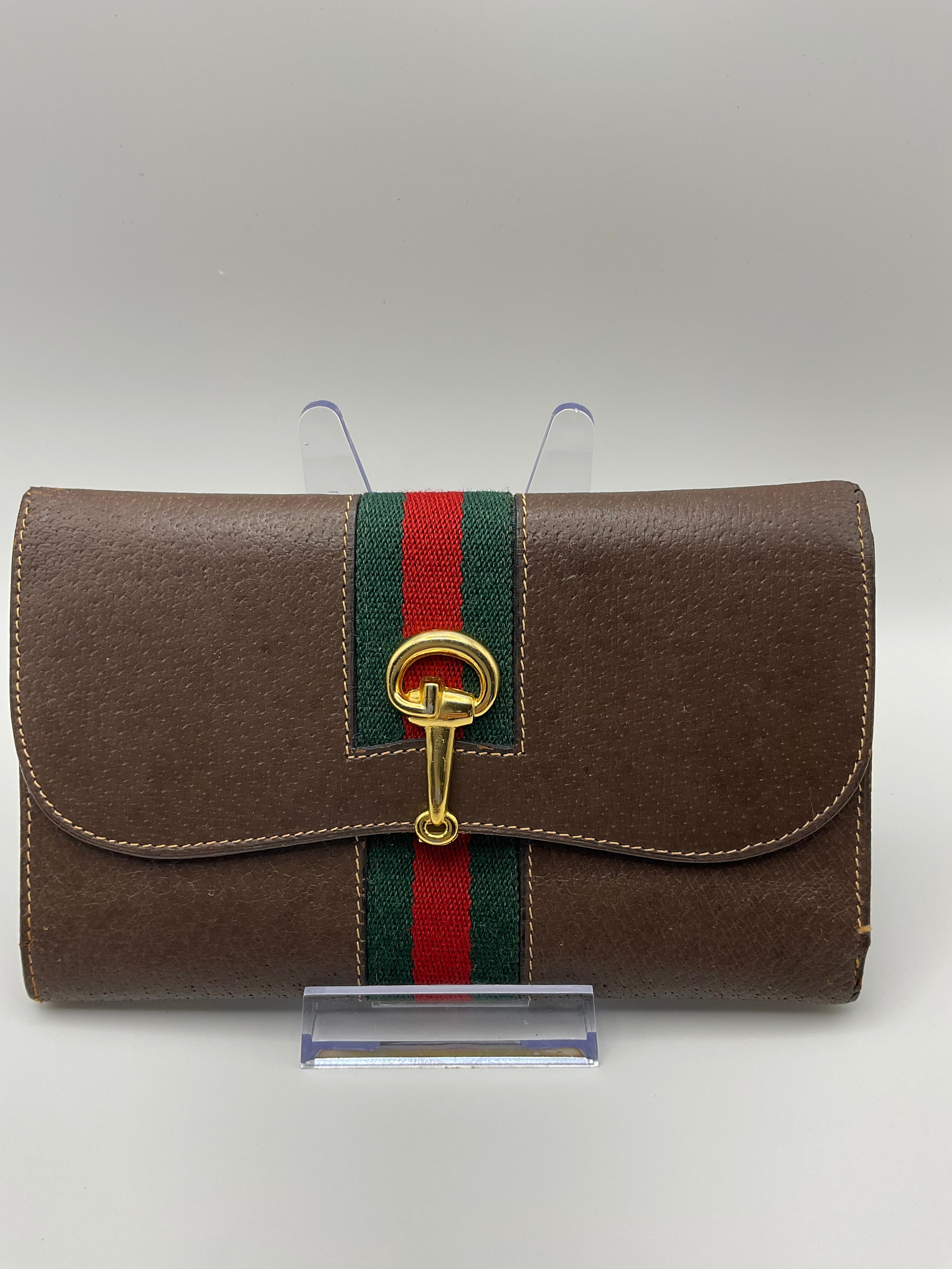 Gucci Vintage Brown Leather Horsebit Continental Wallet with Web Stripe