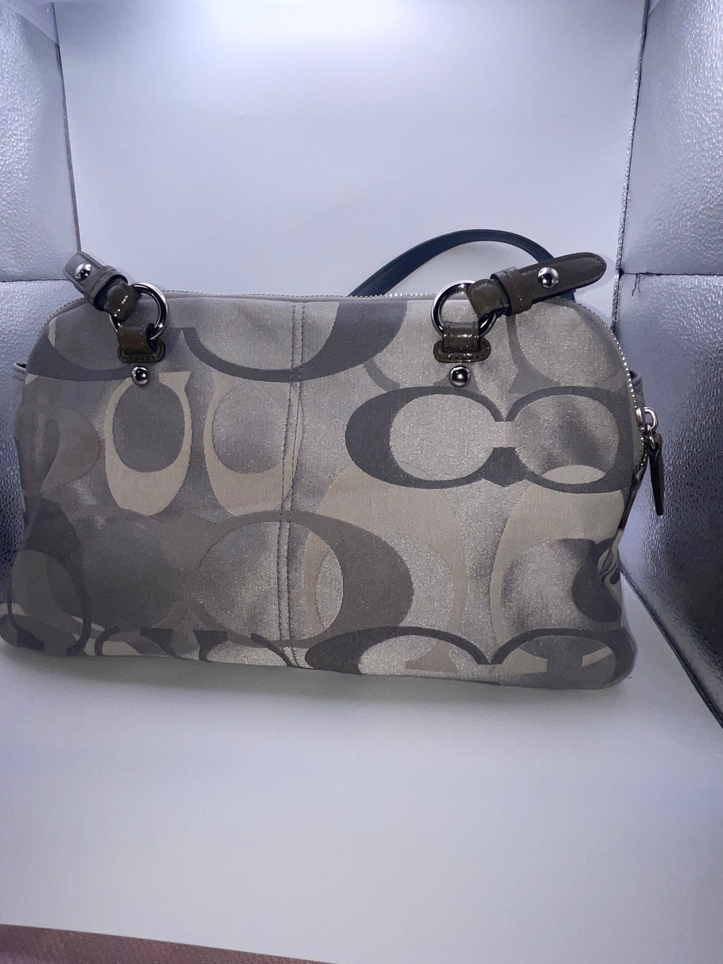 Coach Signature Sateen Sophia Satchel Gray Patent Leather Trim | Style F17481