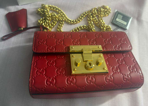 Gucci Padlock Signature GG Embossed Leather Mini Shoulder Bag – Red