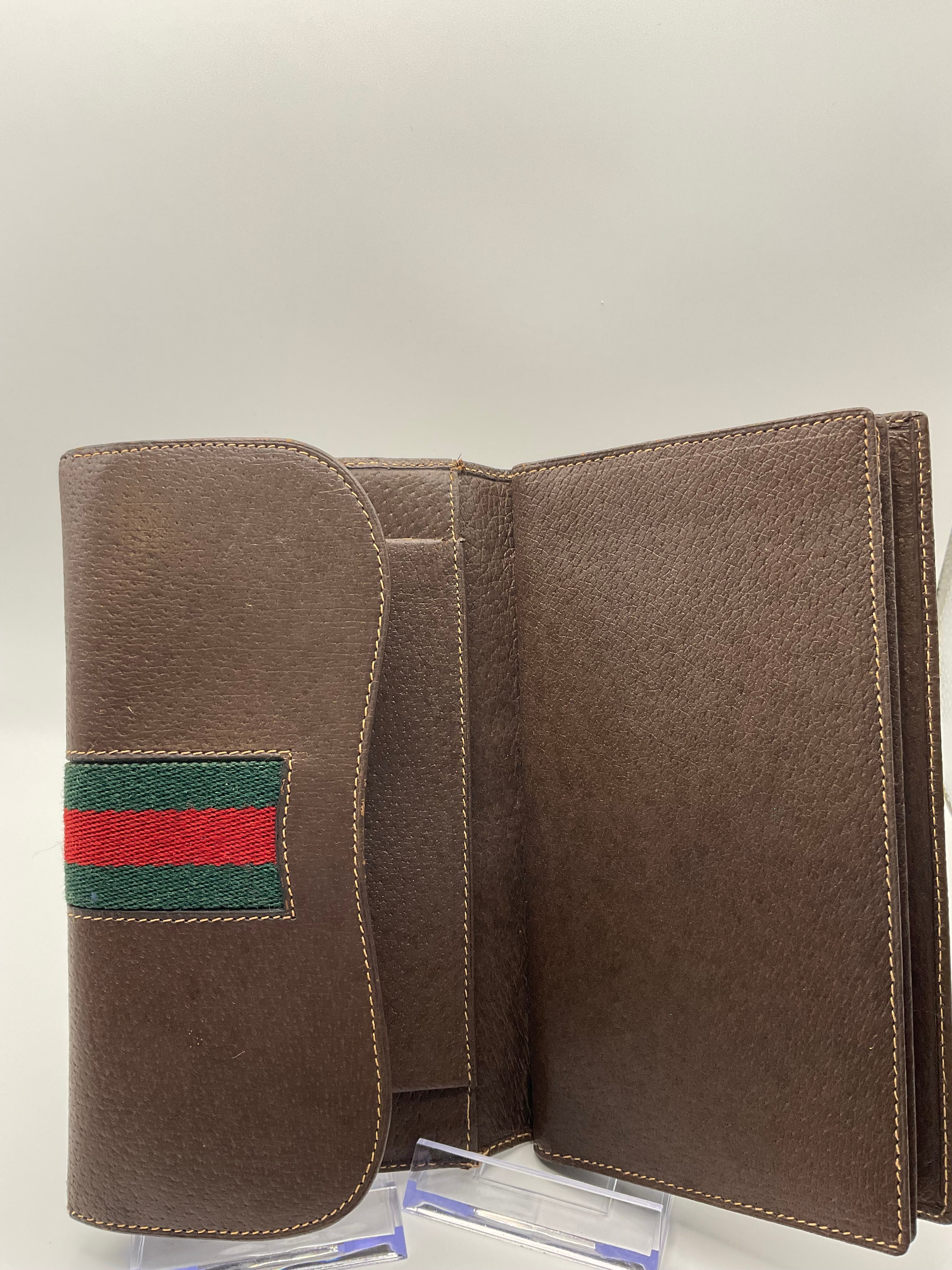 Gucci Vintage Brown Leather Horsebit Continental Wallet with Web Stripe