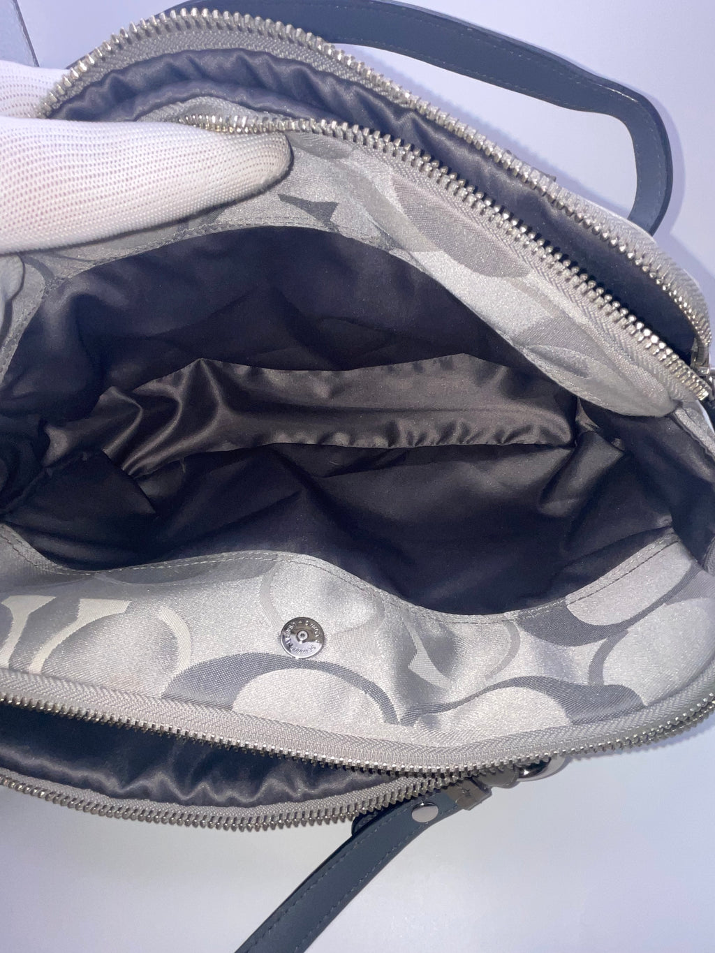 Coach Signature Sateen Sophia Satchel Gray Patent Leather Trim | Style F17481