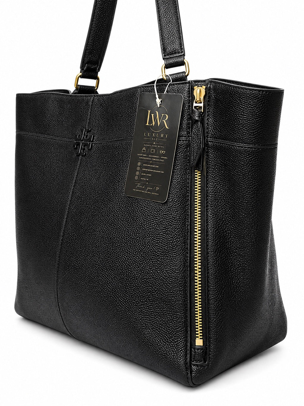 Tory Burch Black Pebbled Leather Large Tote Bag with Gold Hardware